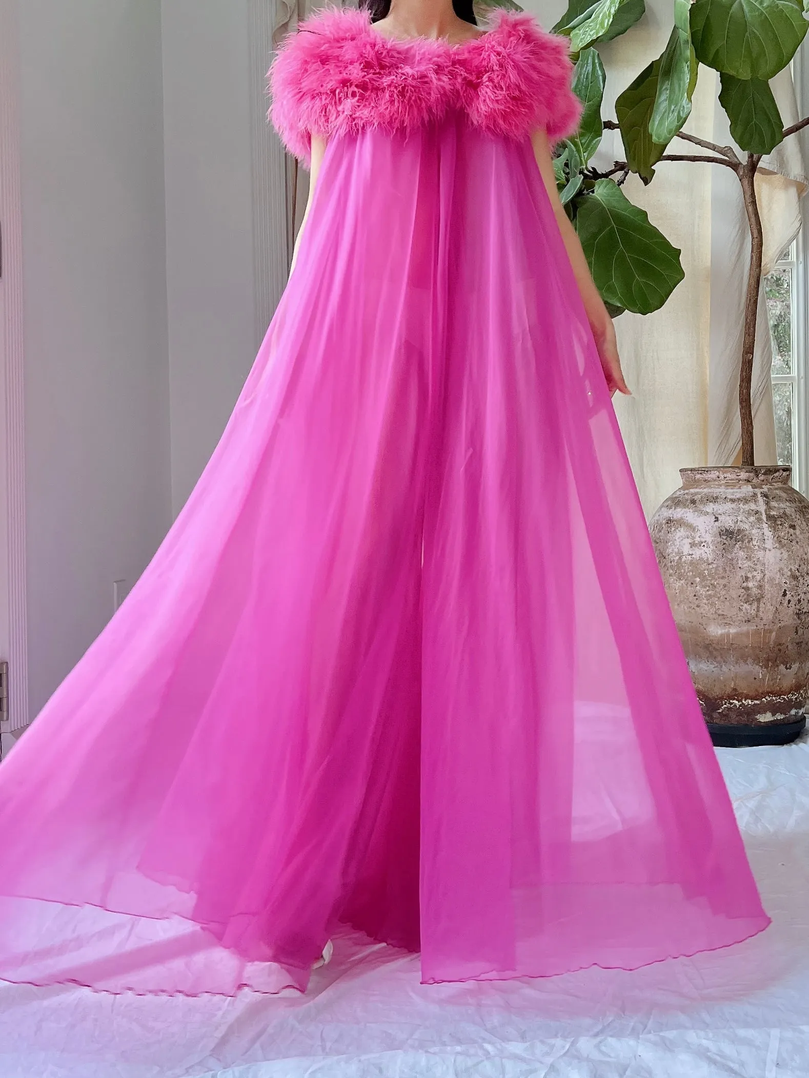 Vintage Feather Collar Nylon Dressing Gown - OSFM