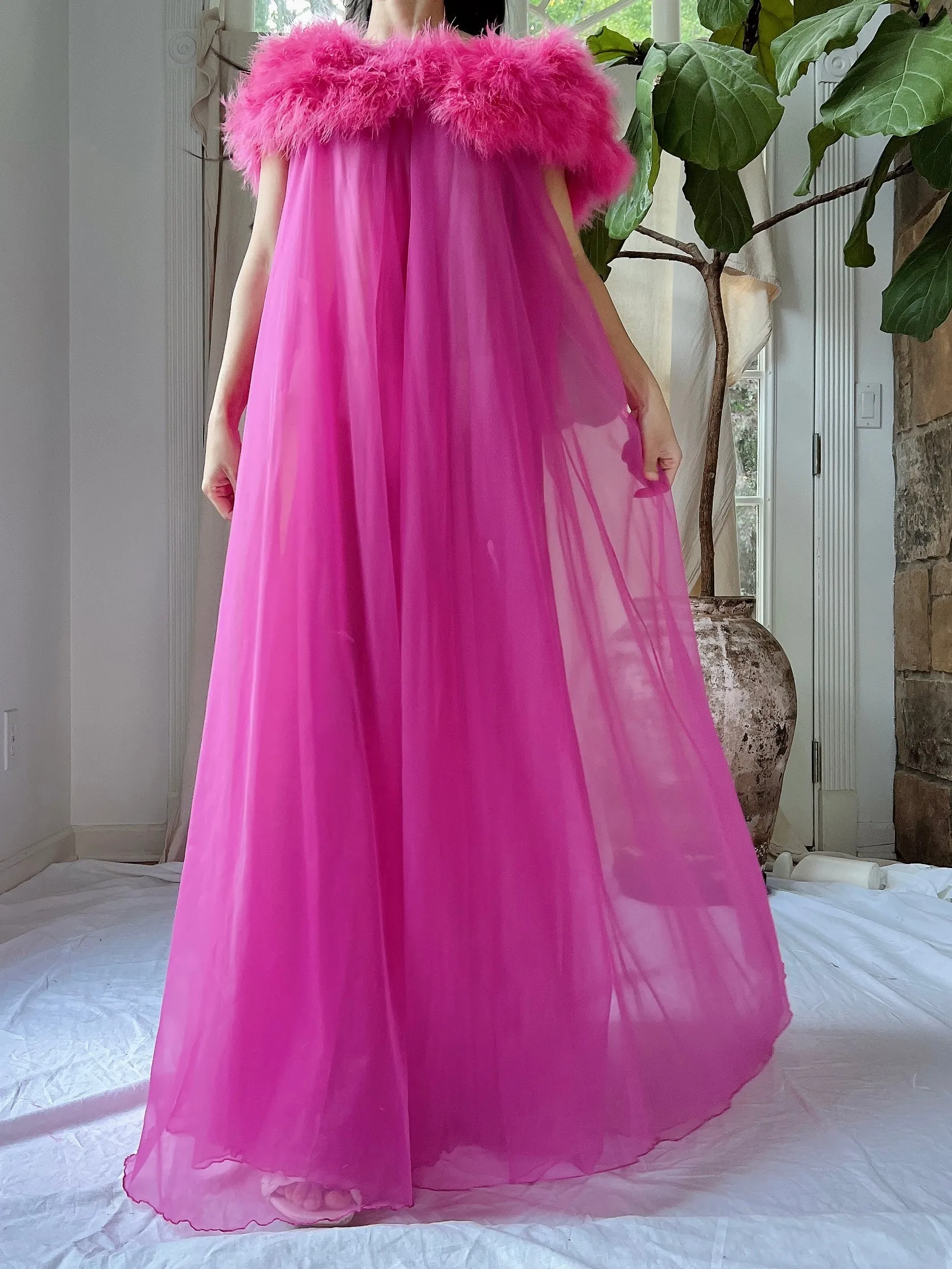 Vintage Feather Collar Nylon Dressing Gown - OSFM