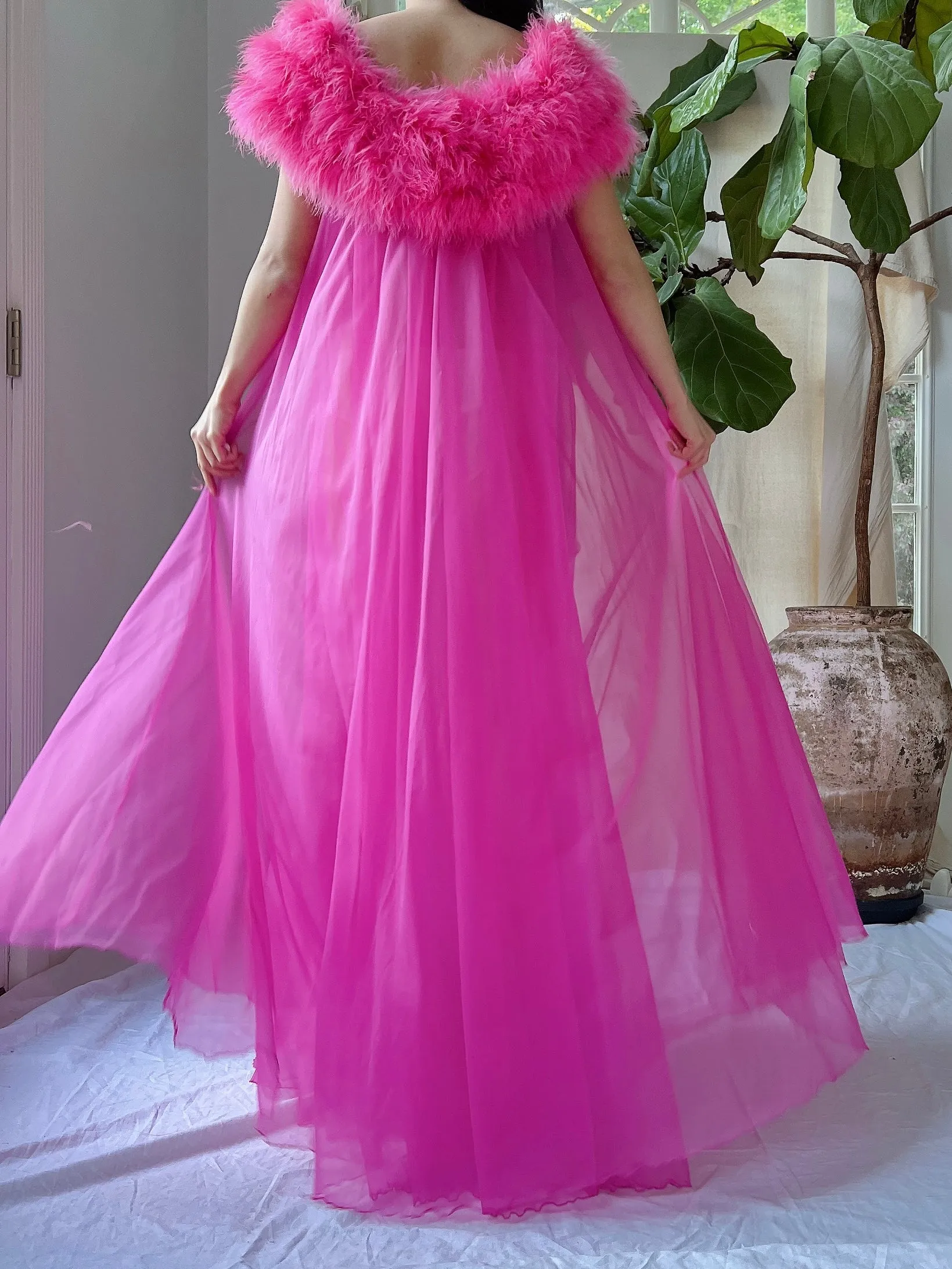 Vintage Feather Collar Nylon Dressing Gown - OSFM