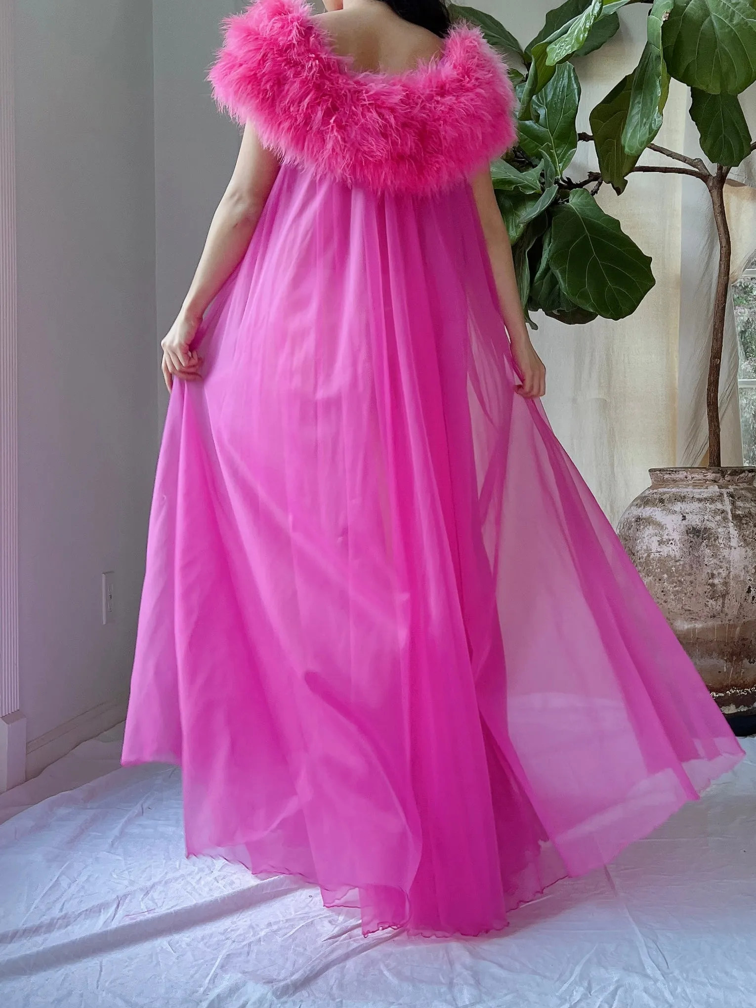 Vintage Feather Collar Nylon Dressing Gown - OSFM