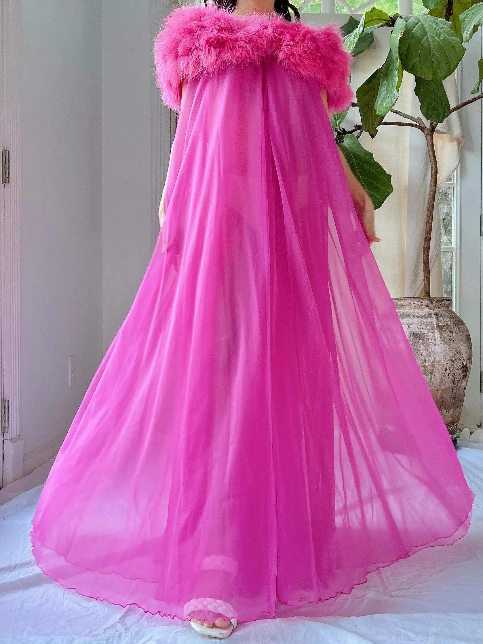 Vintage Feather Collar Nylon Dressing Gown - OSFM