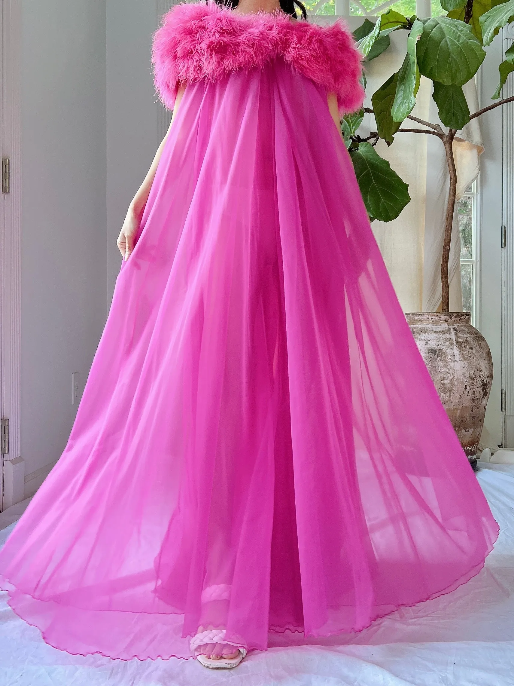Vintage Feather Collar Nylon Dressing Gown - OSFM