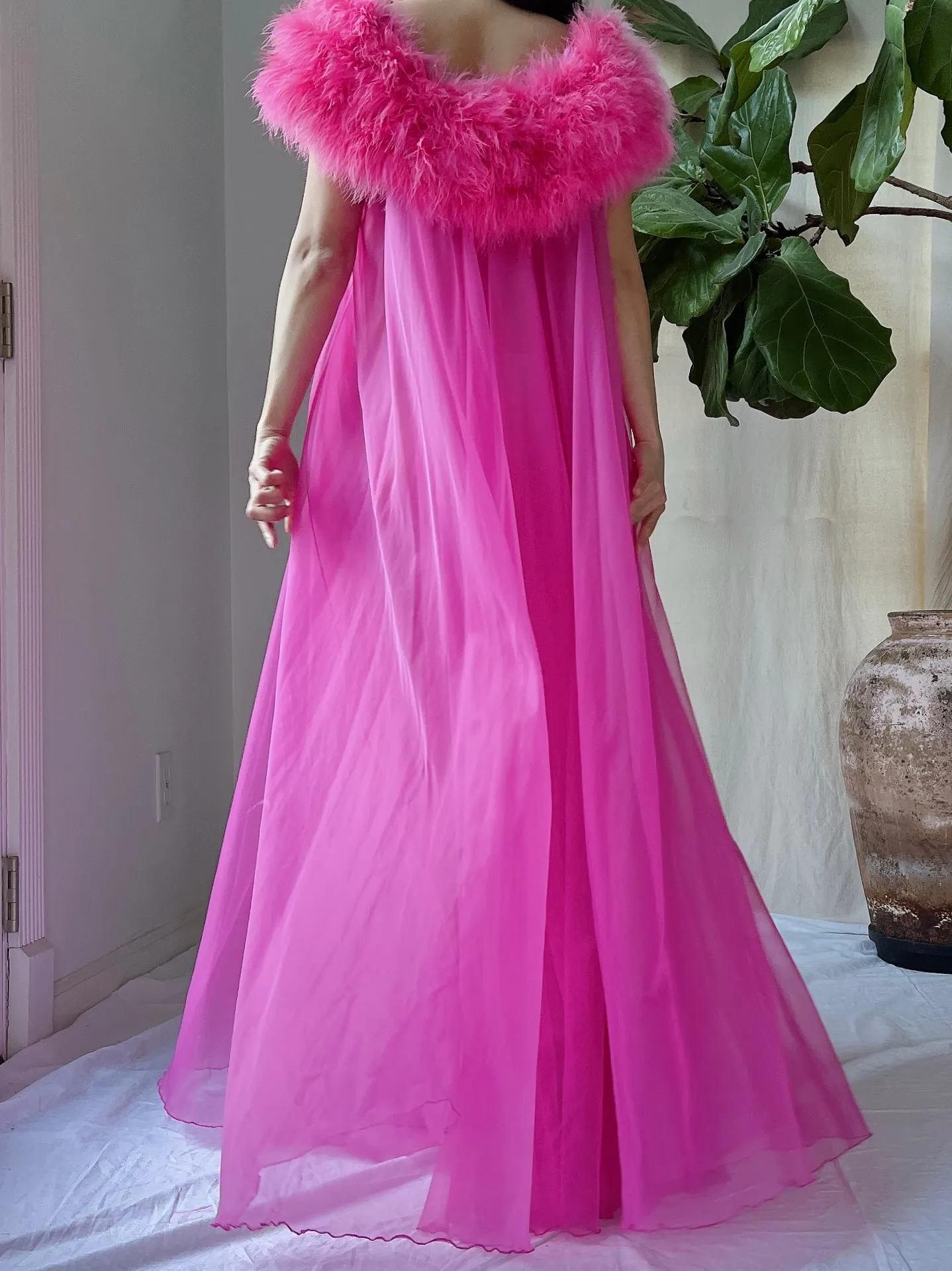 Vintage Feather Collar Nylon Dressing Gown - OSFM