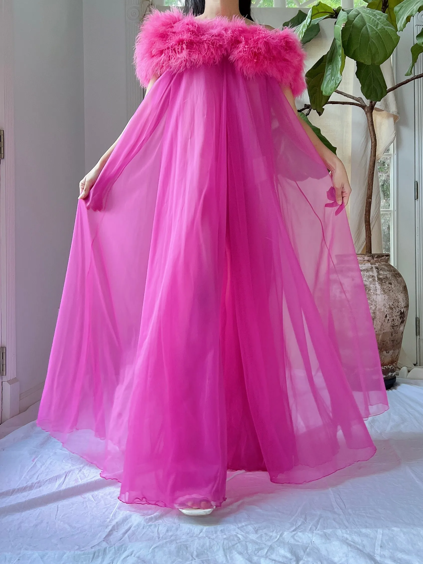 Vintage Feather Collar Nylon Dressing Gown - OSFM