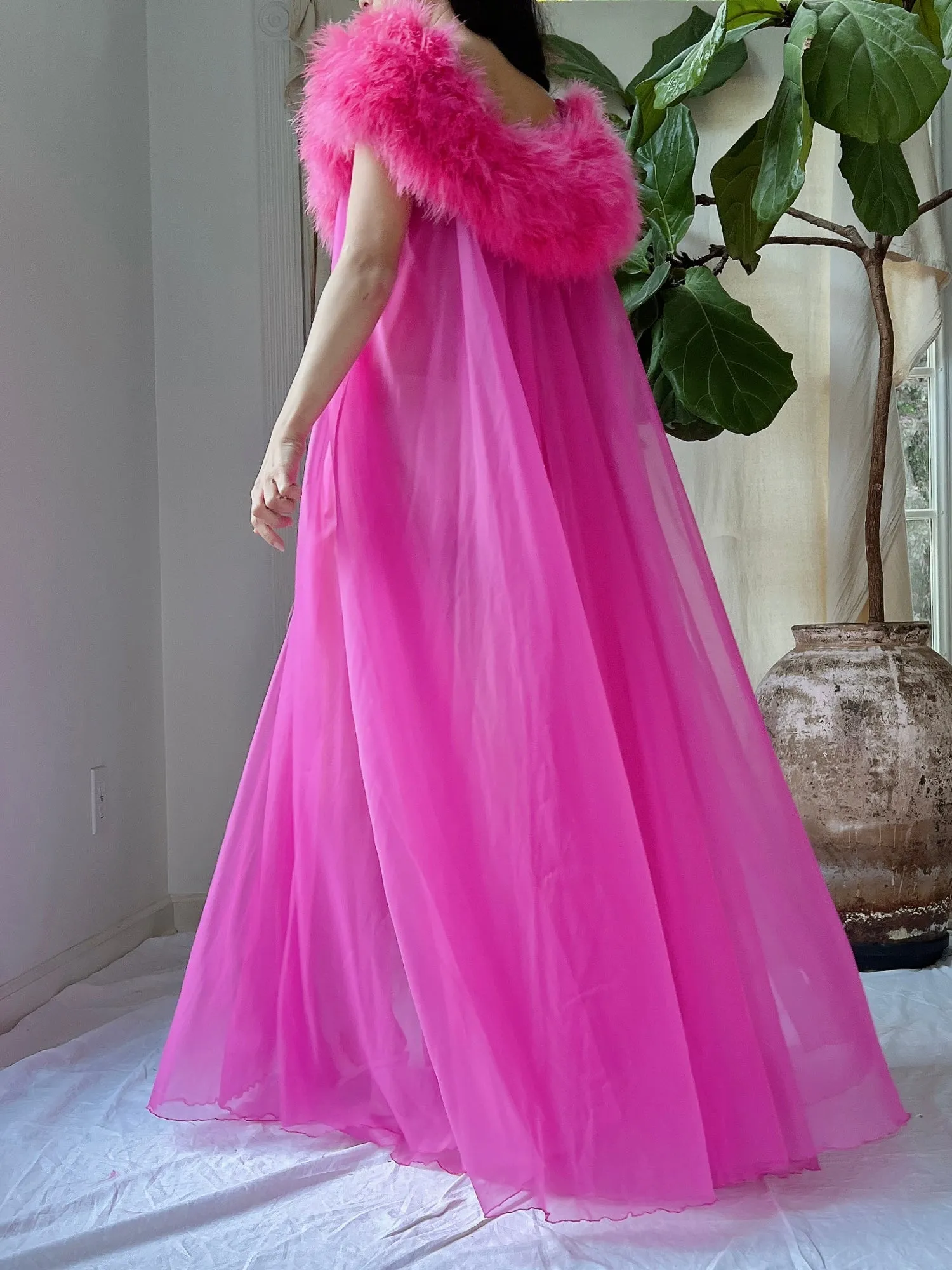 Vintage Feather Collar Nylon Dressing Gown - OSFM