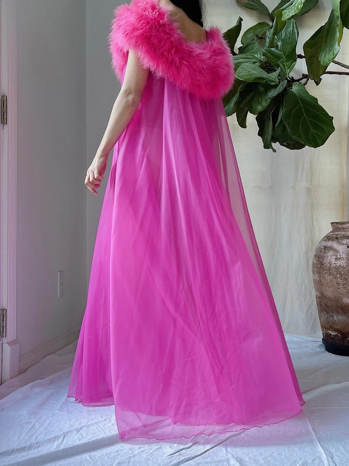 Vintage Feather Collar Nylon Dressing Gown - OSFM