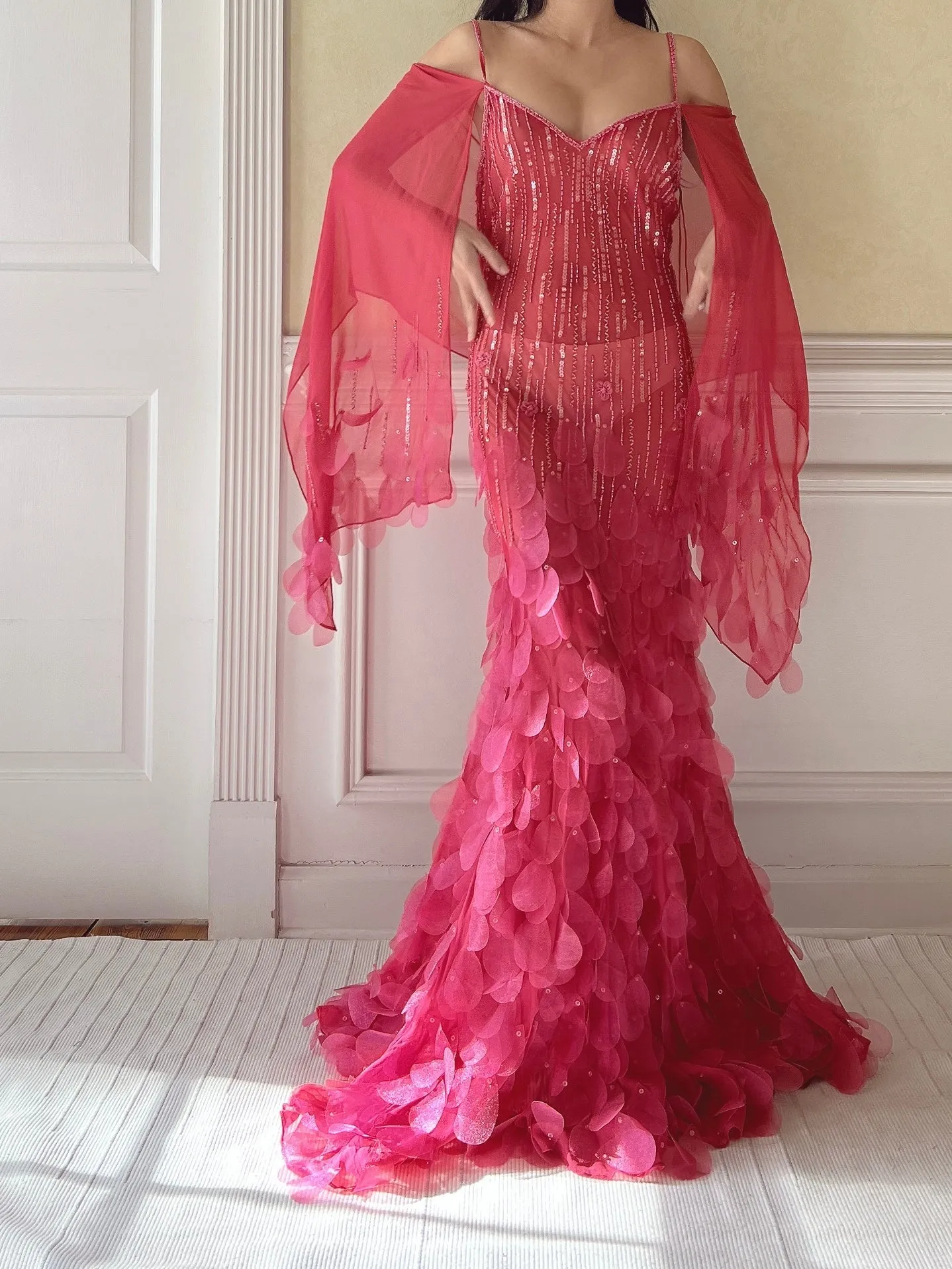 Vintage Hot Pink Silk Petal Gown - XS/S