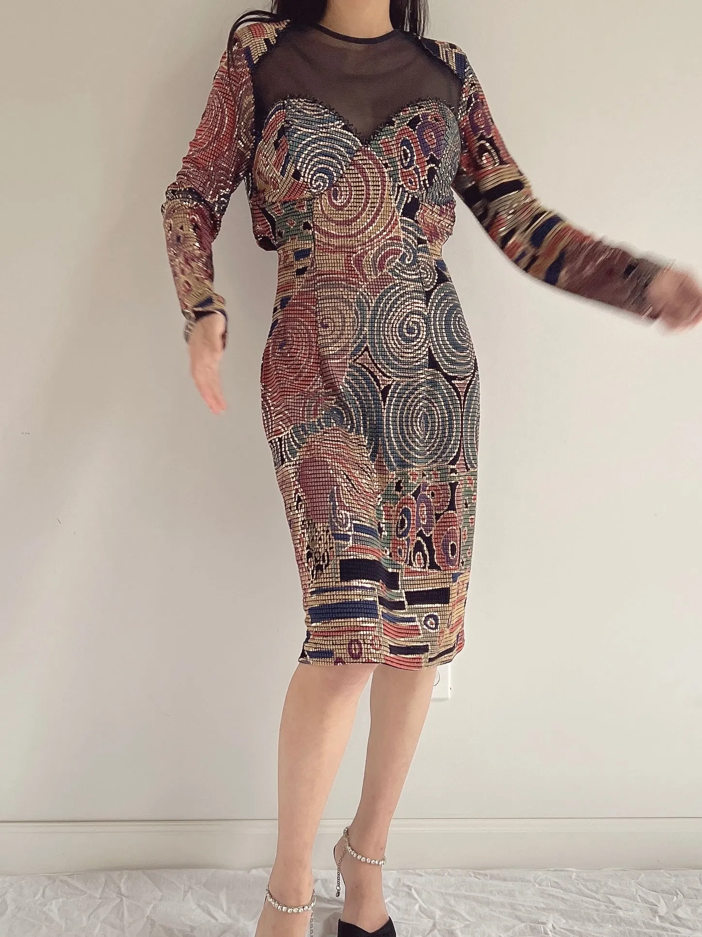 Vintage Janine Paris Geometric Metallic Dress - S