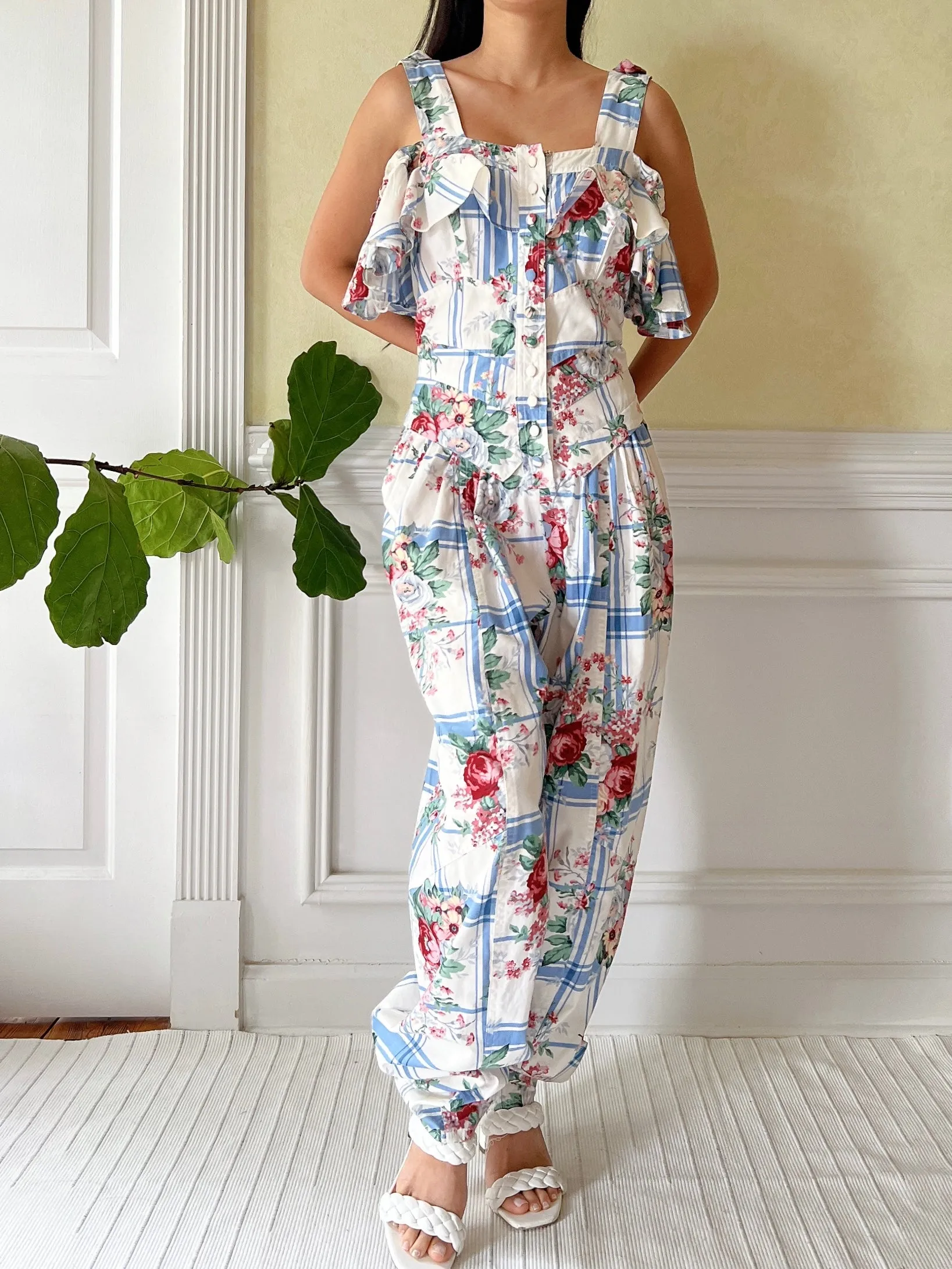 Vintage Karen Alexander Linen Floral Romper - M