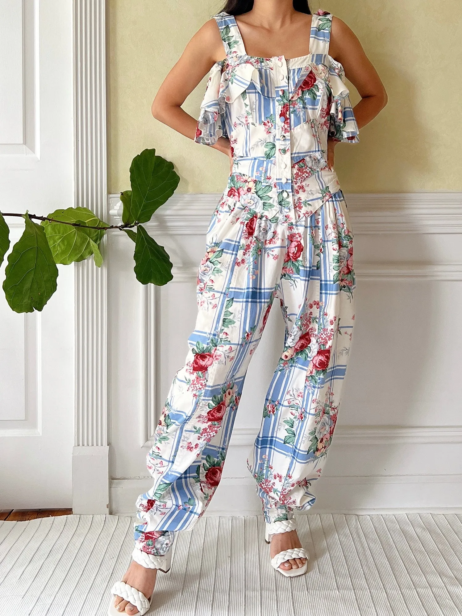 Vintage Karen Alexander Linen Floral Romper - M