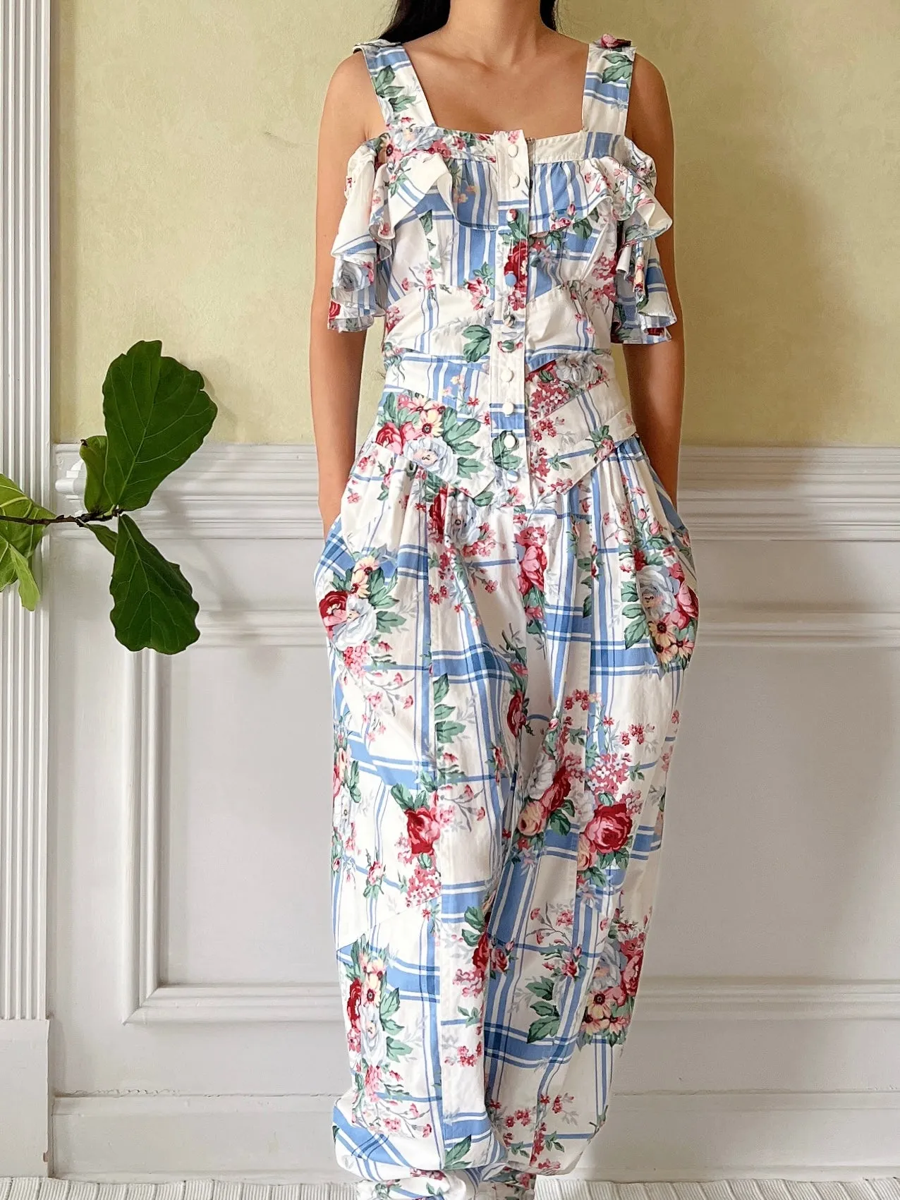 Vintage Karen Alexander Linen Floral Romper - M