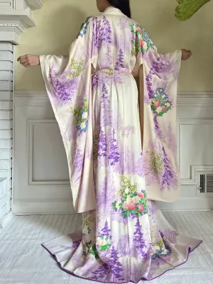 Vintage Lavender Trees and Floral Silk Kimono - OSFM