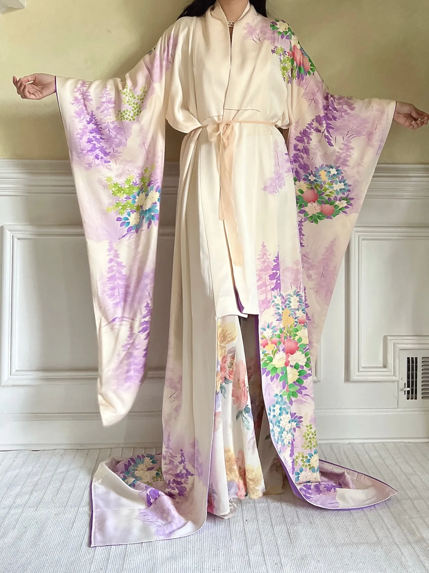 Vintage Lavender Trees and Floral Silk Kimono - OSFM