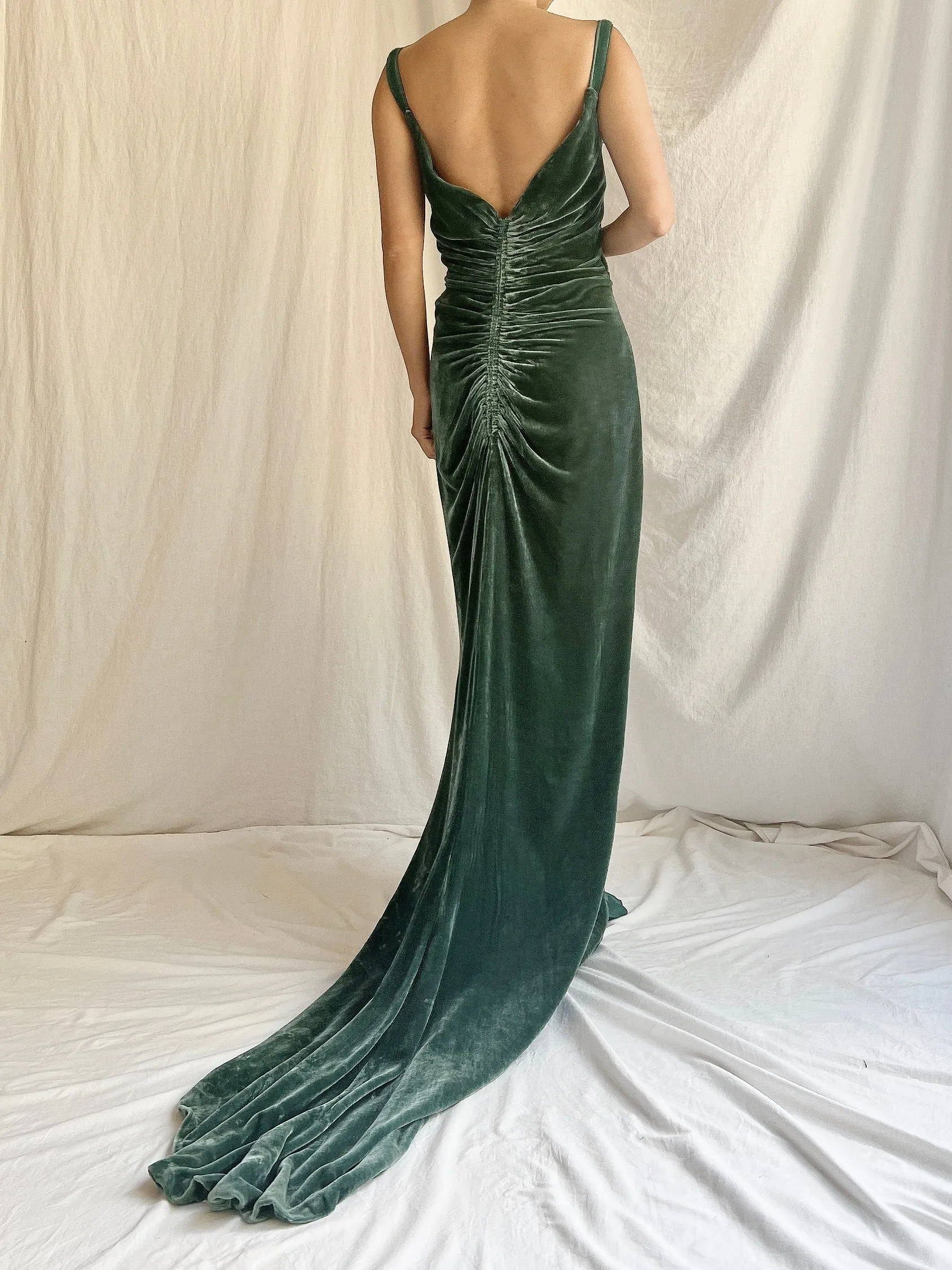 Vintage Moss Green Bellville Sassoon Silk Velvet Gown - L