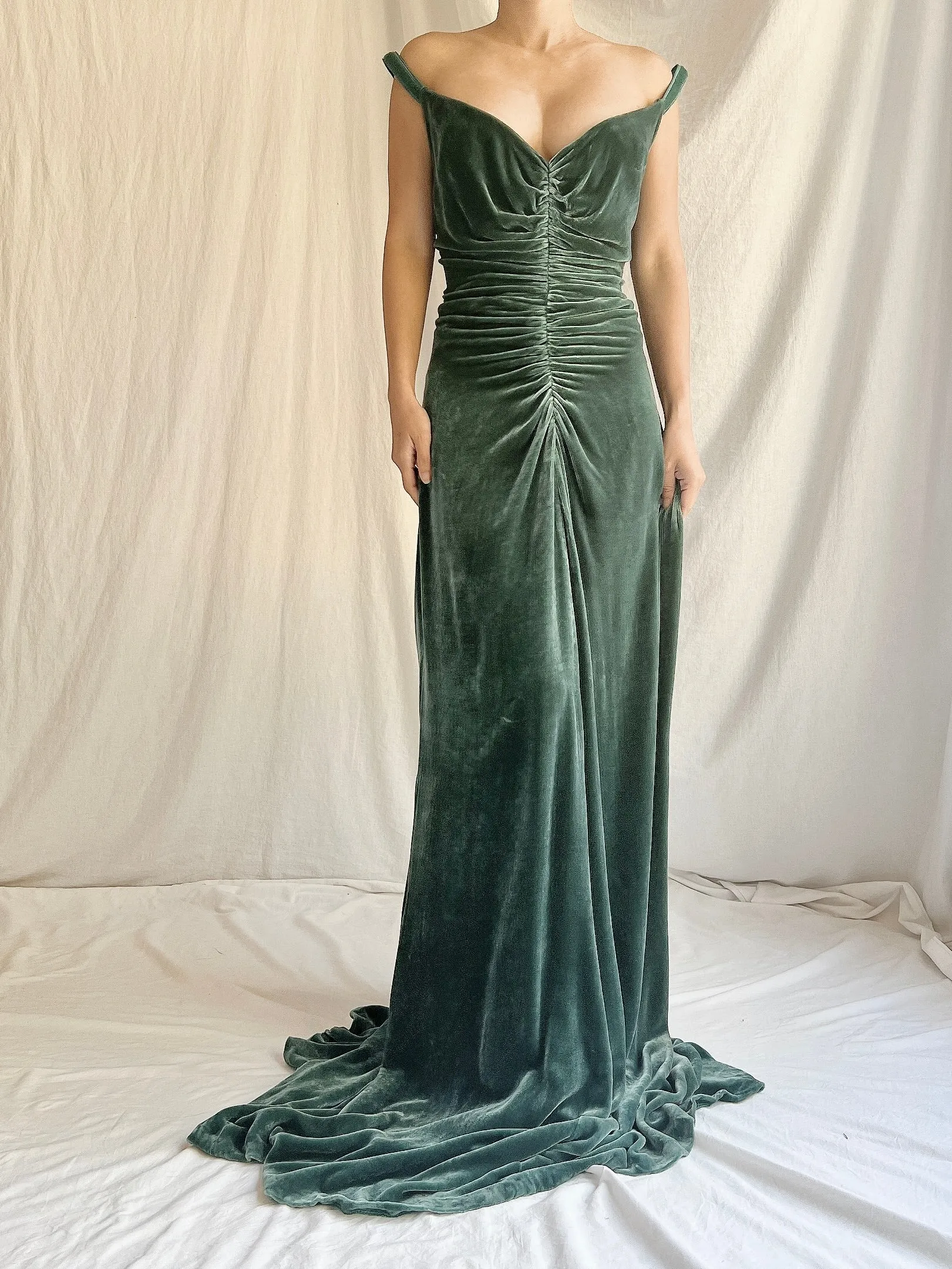 Vintage Moss Green Bellville Sassoon Silk Velvet Gown - L