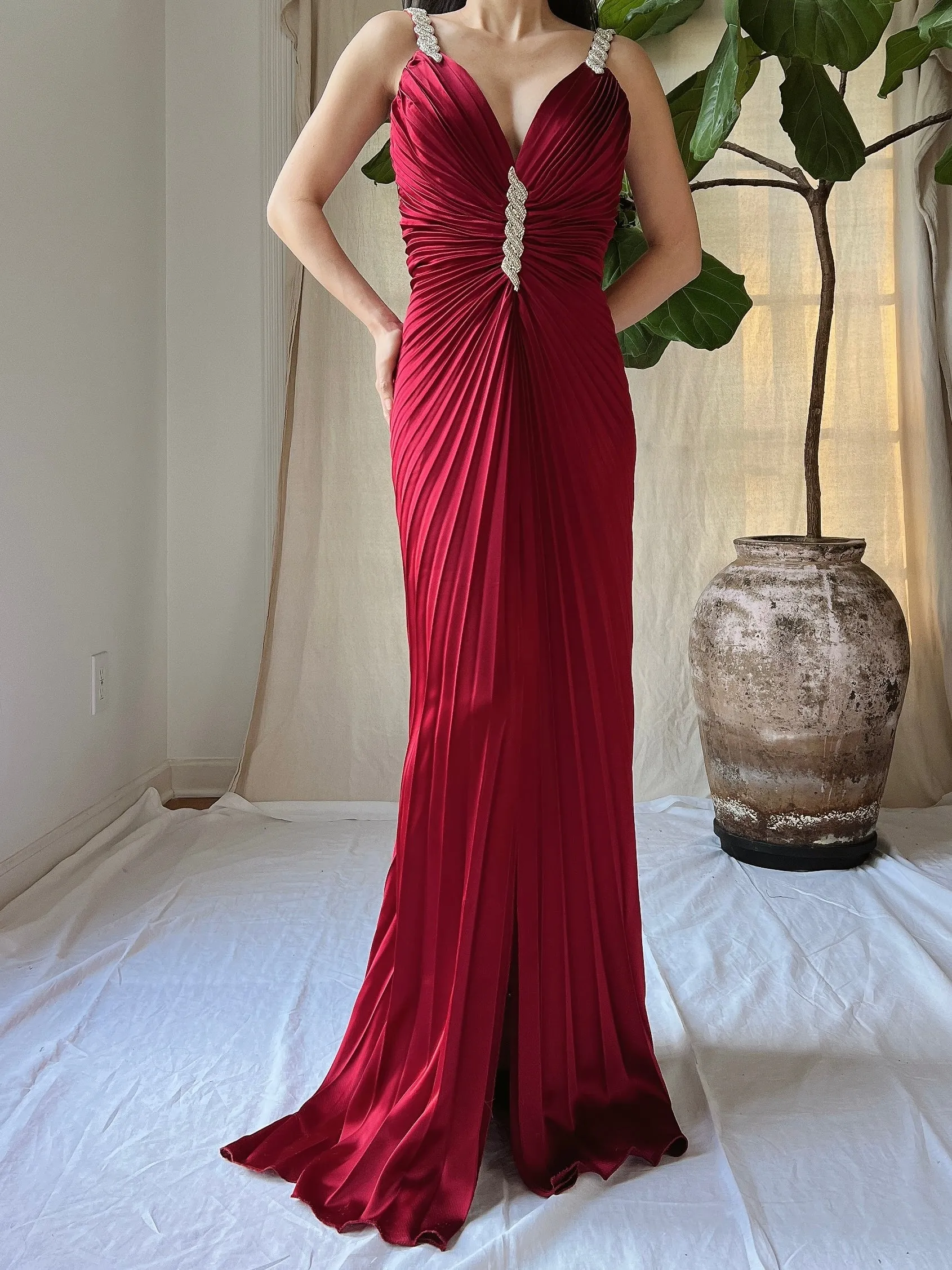 Vintage Pleated Satin Dress - M