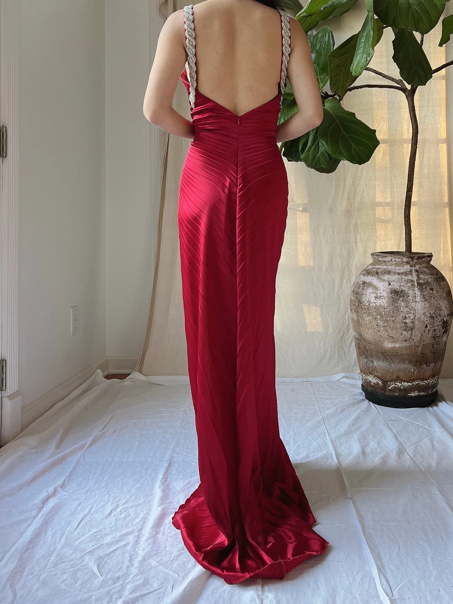Vintage Pleated Satin Dress - M