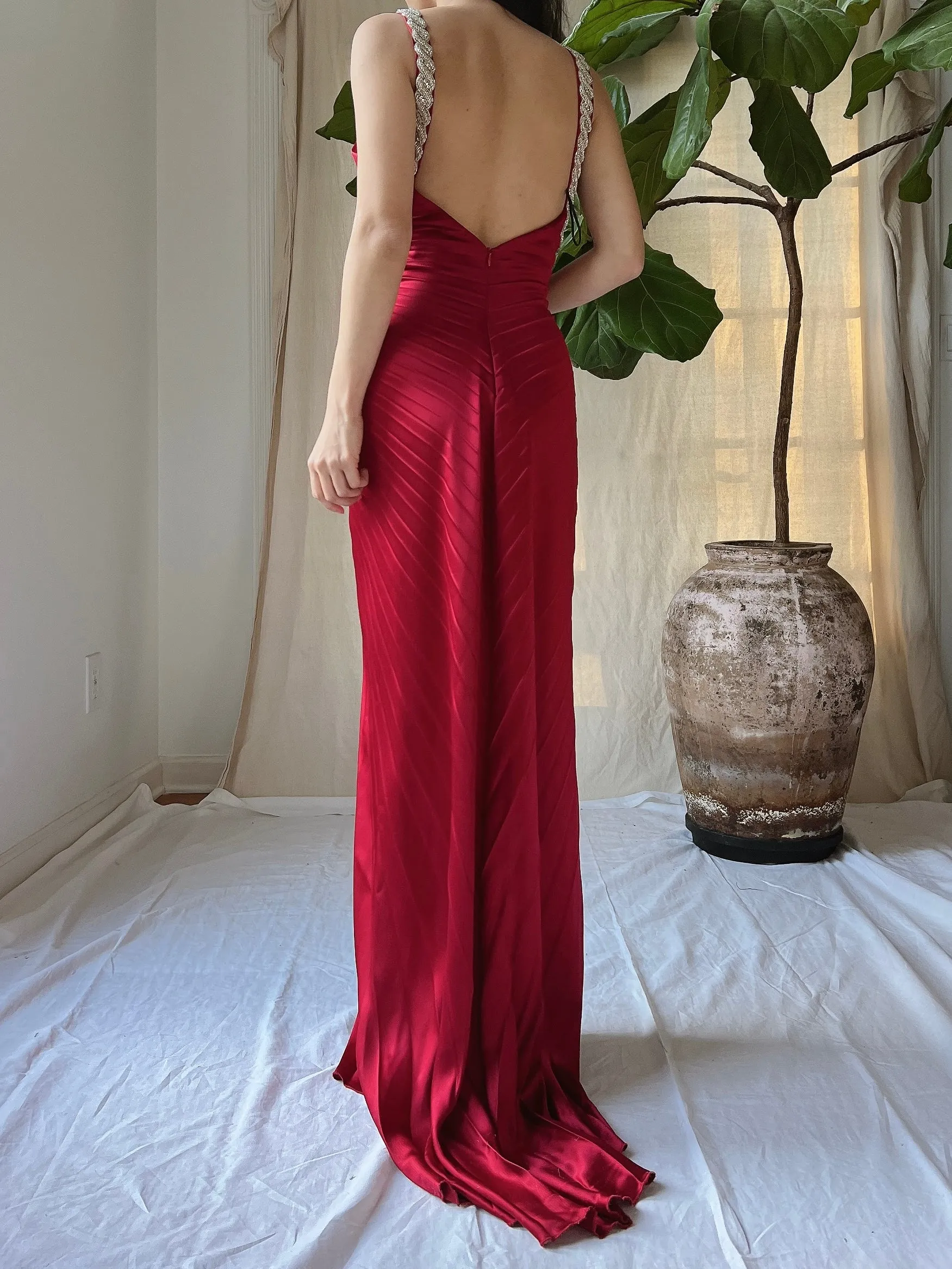 Vintage Pleated Satin Dress - M