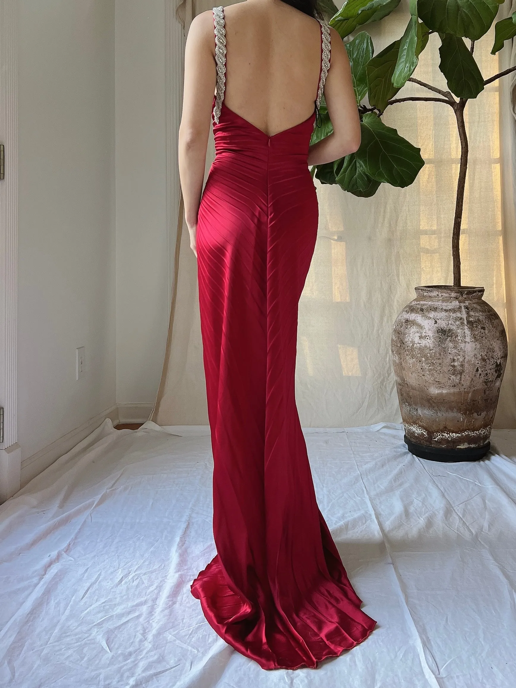 Vintage Pleated Satin Dress - M