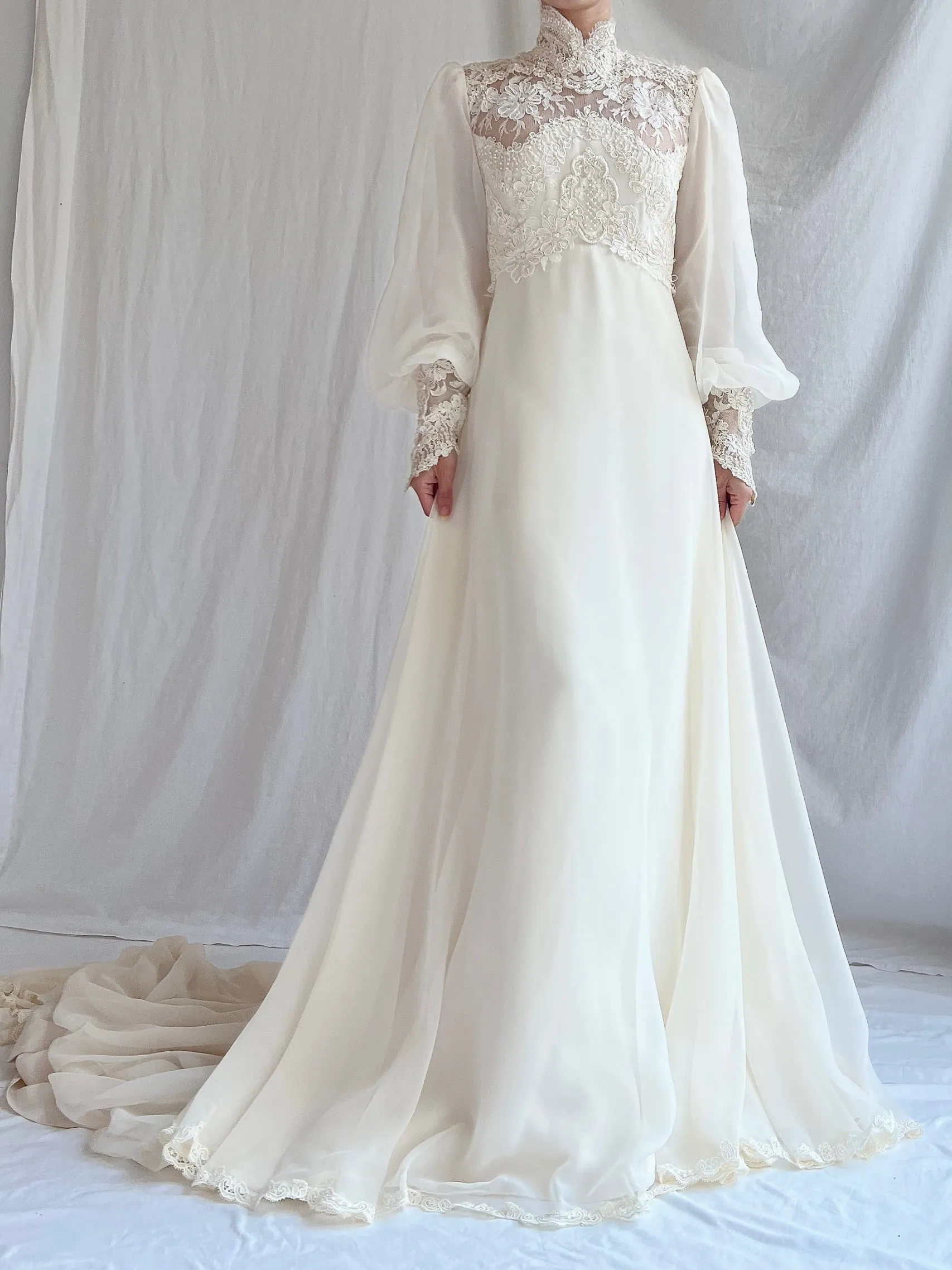Vintage Poet Sleeve Chiffon and Lace Gown - S