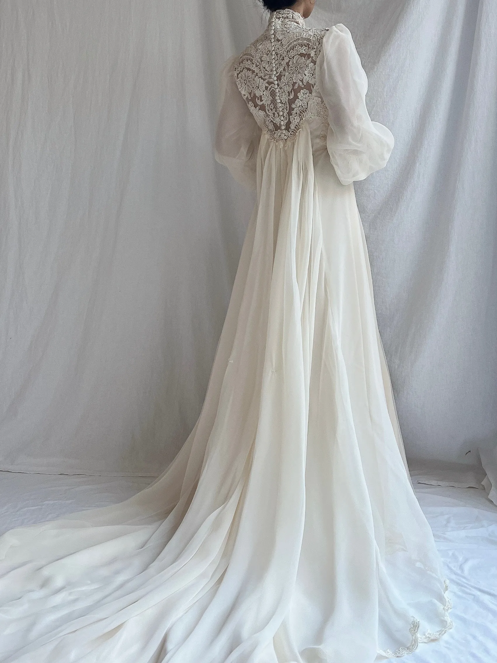 Vintage Poet Sleeve Chiffon and Lace Gown - S
