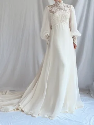 Vintage Poet Sleeve Chiffon and Lace Gown - S