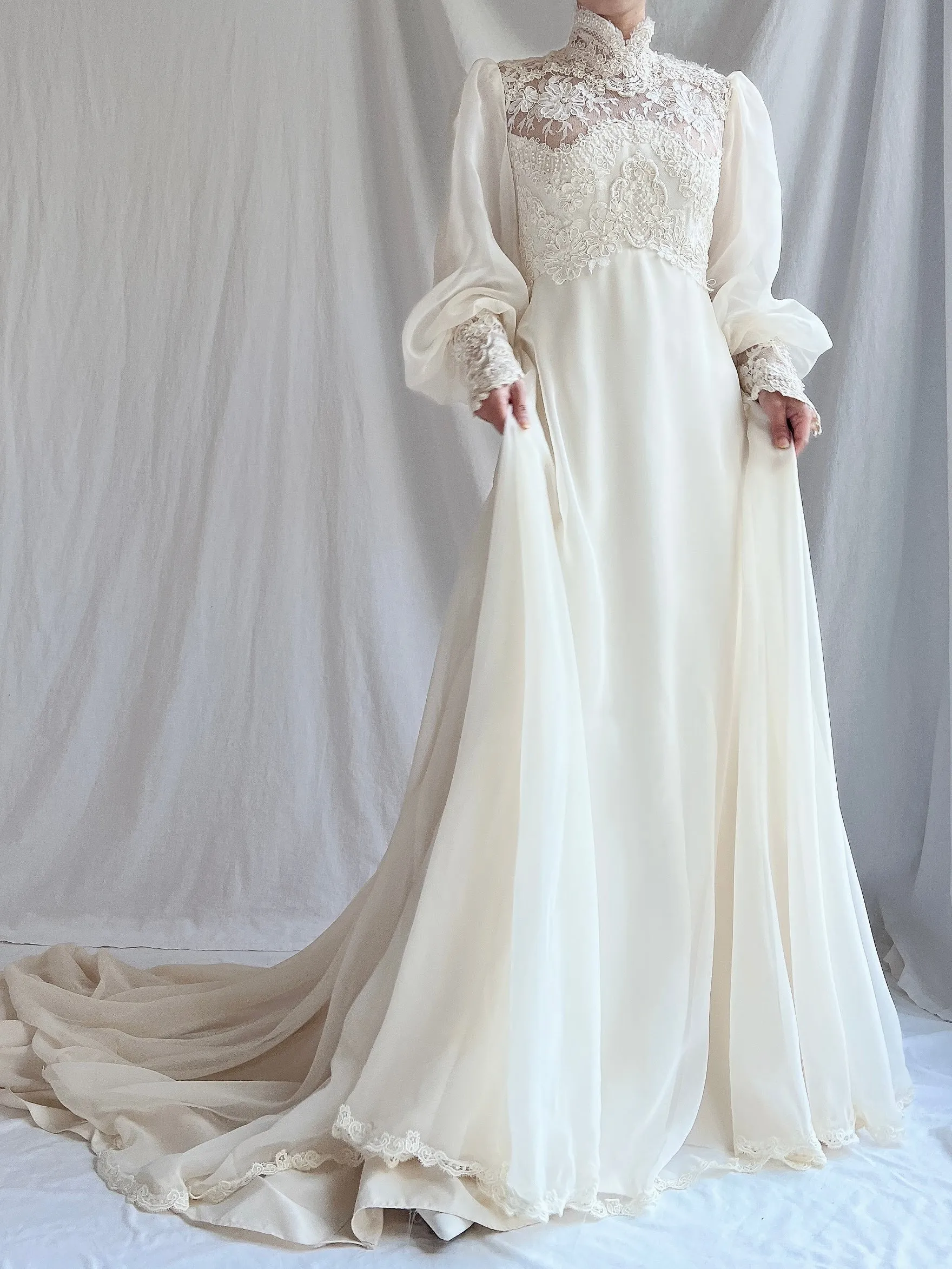 Vintage Poet Sleeve Chiffon and Lace Gown - S