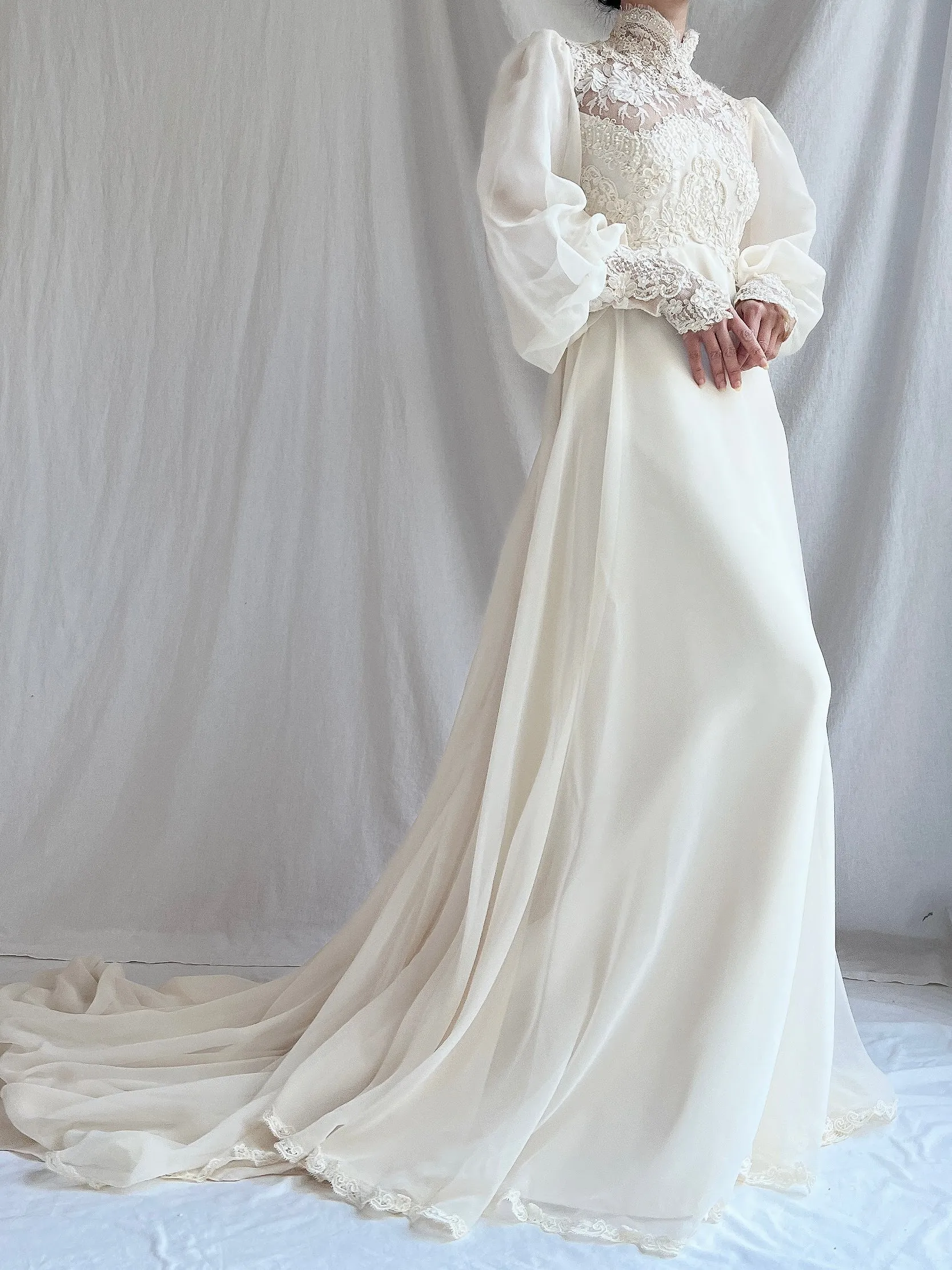 Vintage Poet Sleeve Chiffon and Lace Gown - S
