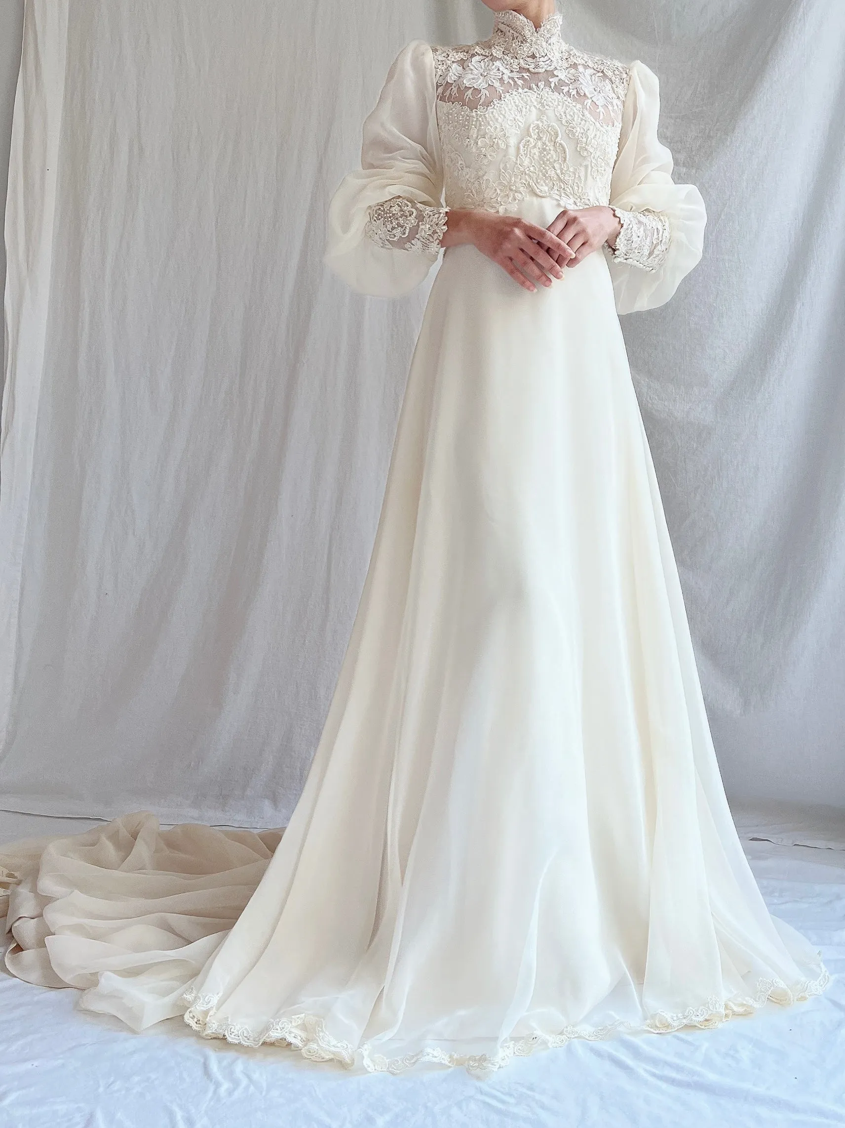 Vintage Poet Sleeve Chiffon and Lace Gown - S