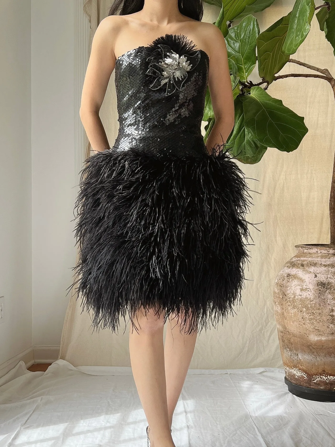 Vintage Sequins Feather Dress - XS/S