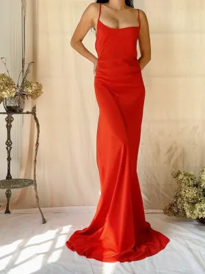 Vintage Silk Crepe Blood Orange Slip Gown - M/L