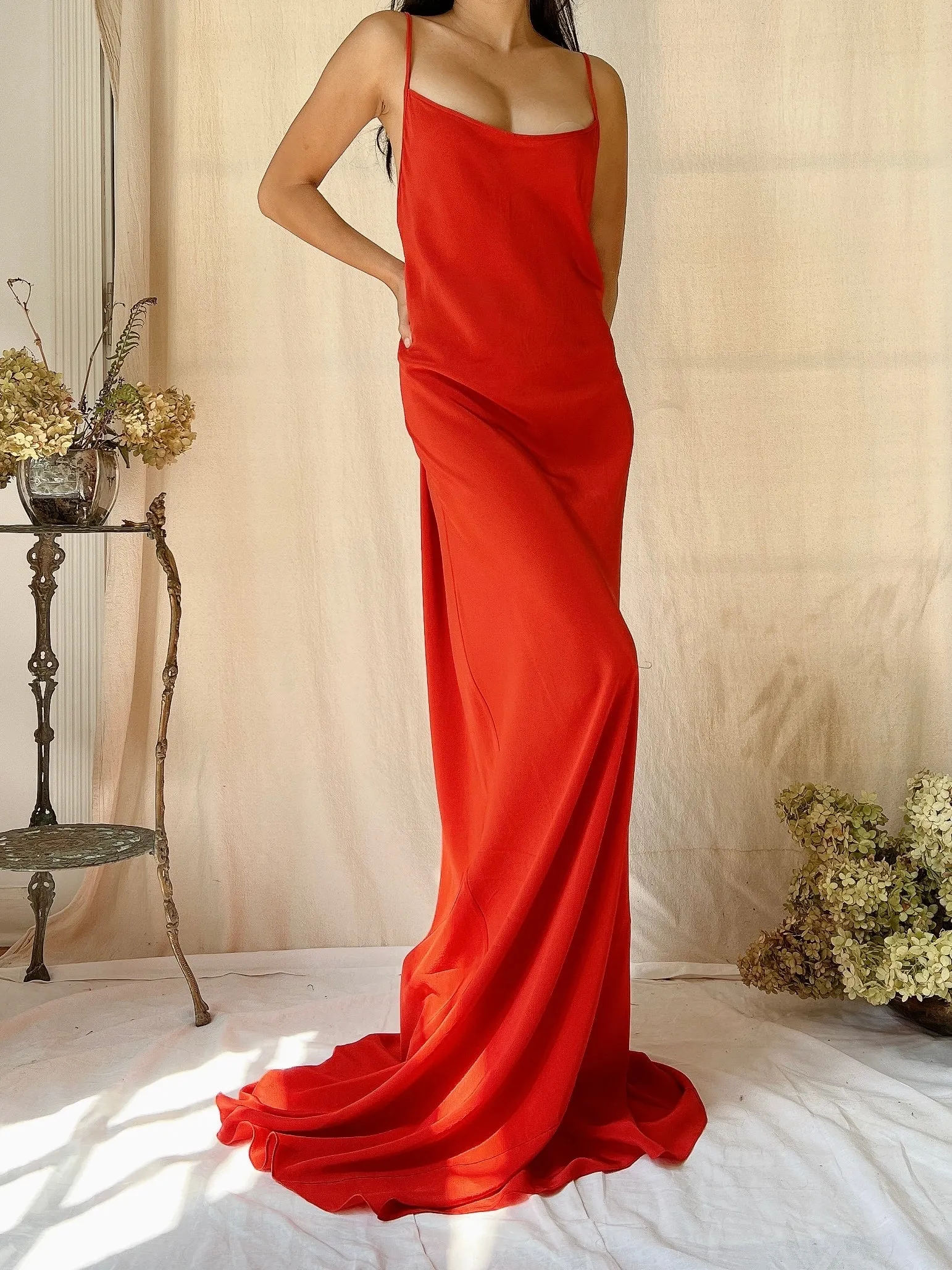 Vintage Silk Crepe Blood Orange Slip Gown - M/L