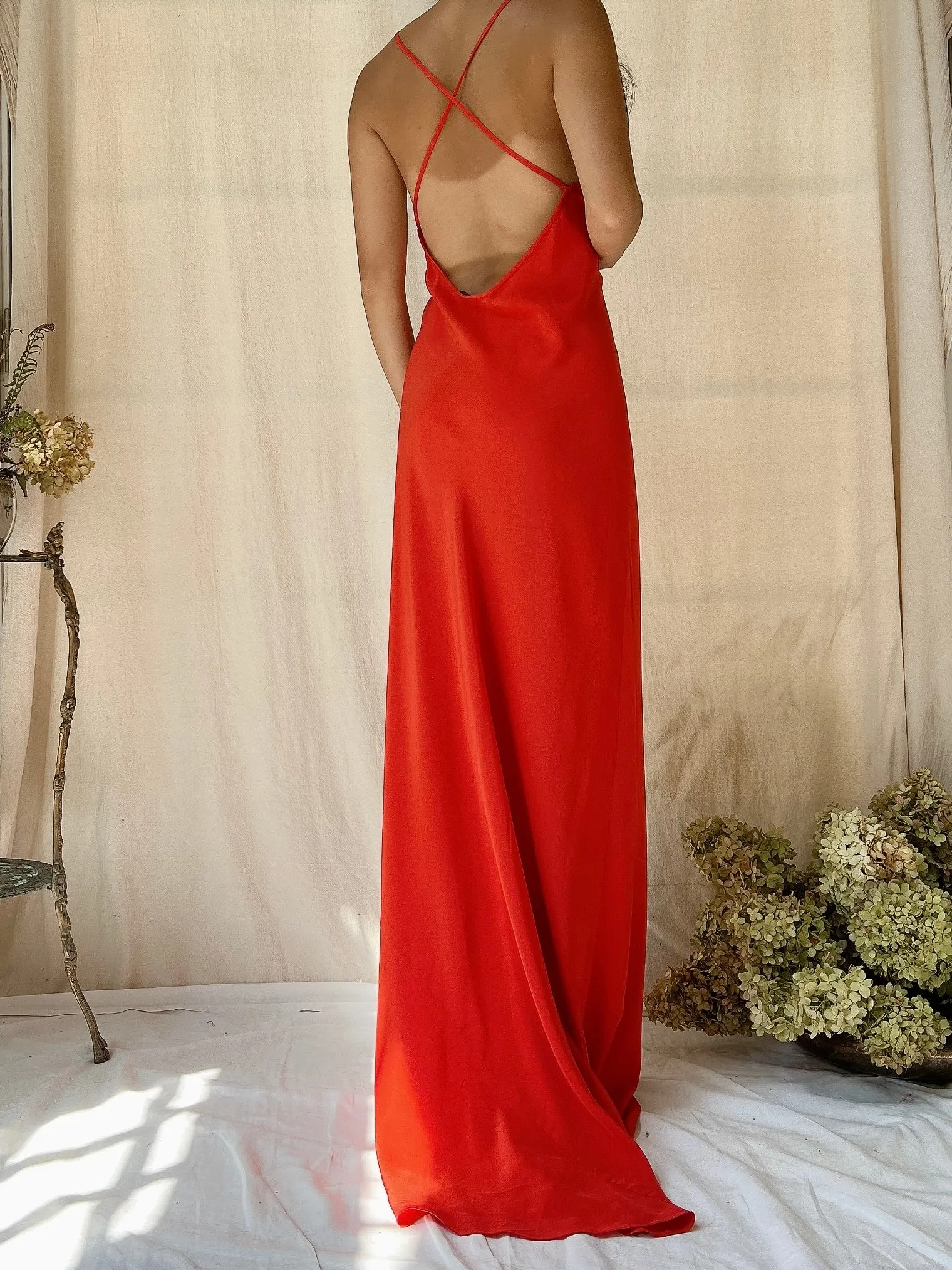Vintage Silk Crepe Blood Orange Slip Gown - M/L