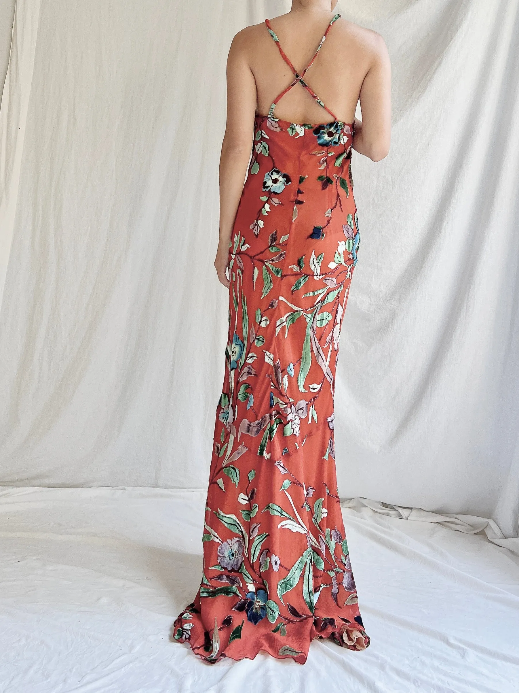 Vintage Silk Halter Velvet Devore Gown - M/L