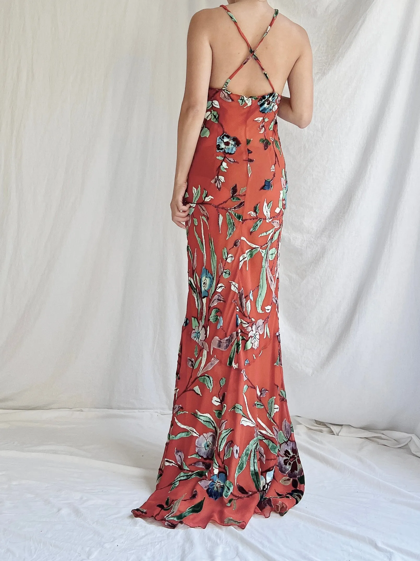 Vintage Silk Halter Velvet Devore Gown - M/L