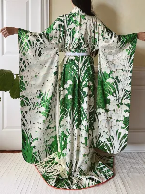 Vintage Silk Iris Painted Kimono - OSFM