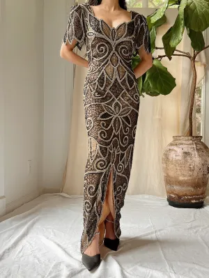 Vintage Silk Nude and Black Gown - S