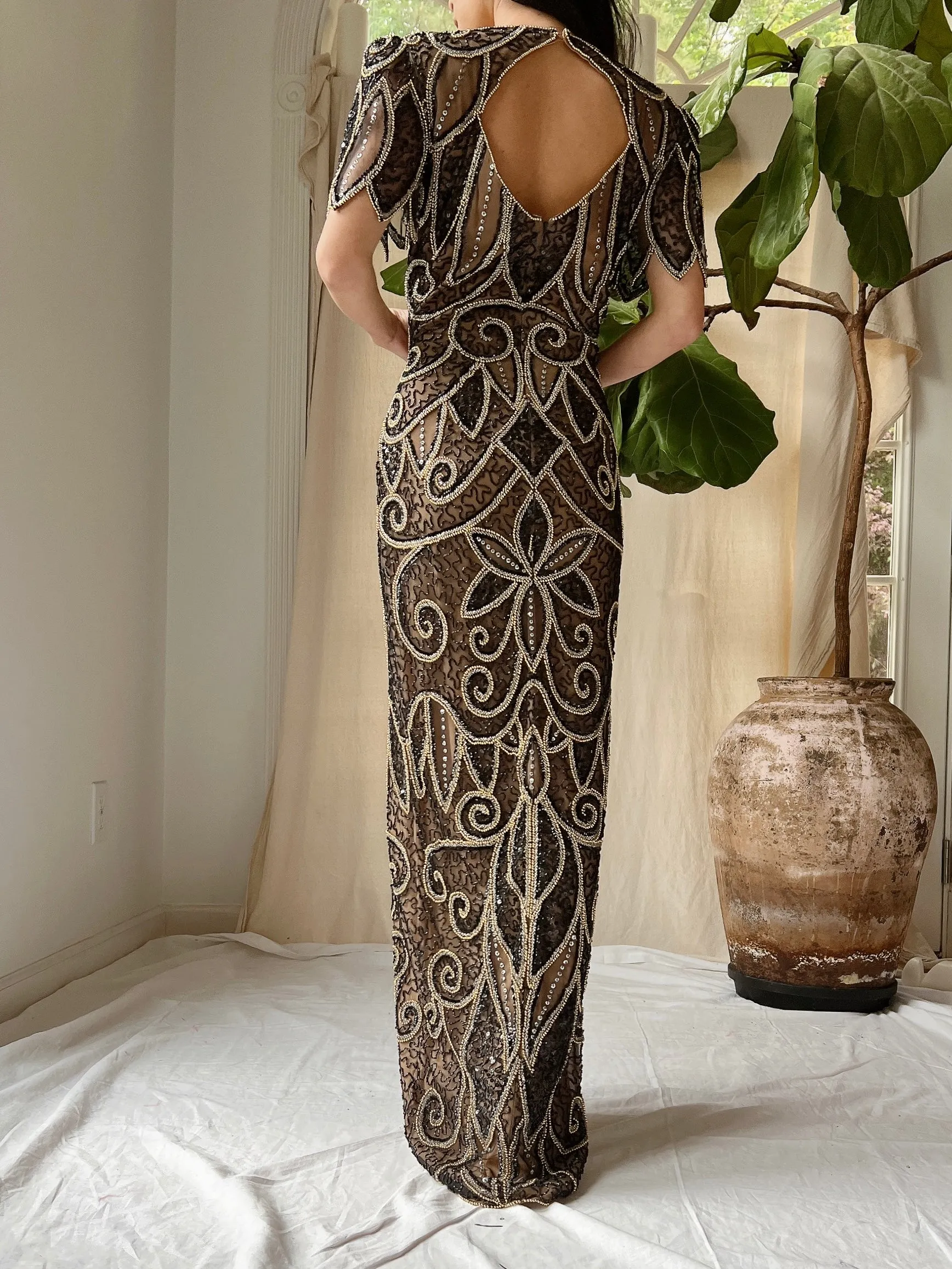 Vintage Silk Nude and Black Gown - S