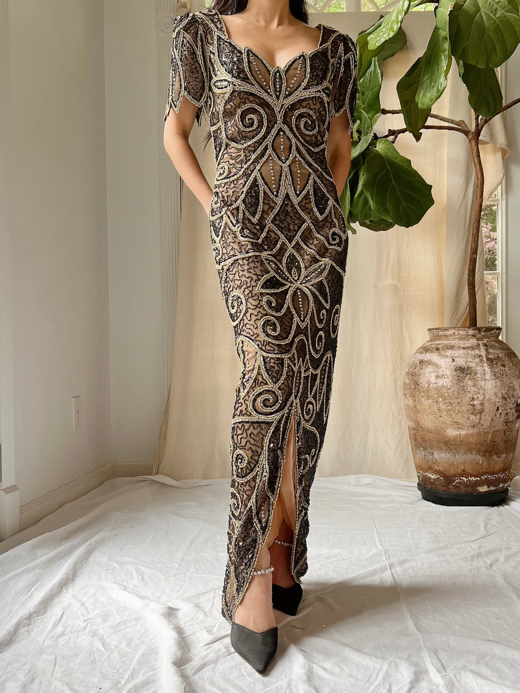 Vintage Silk Nude and Black Gown - S