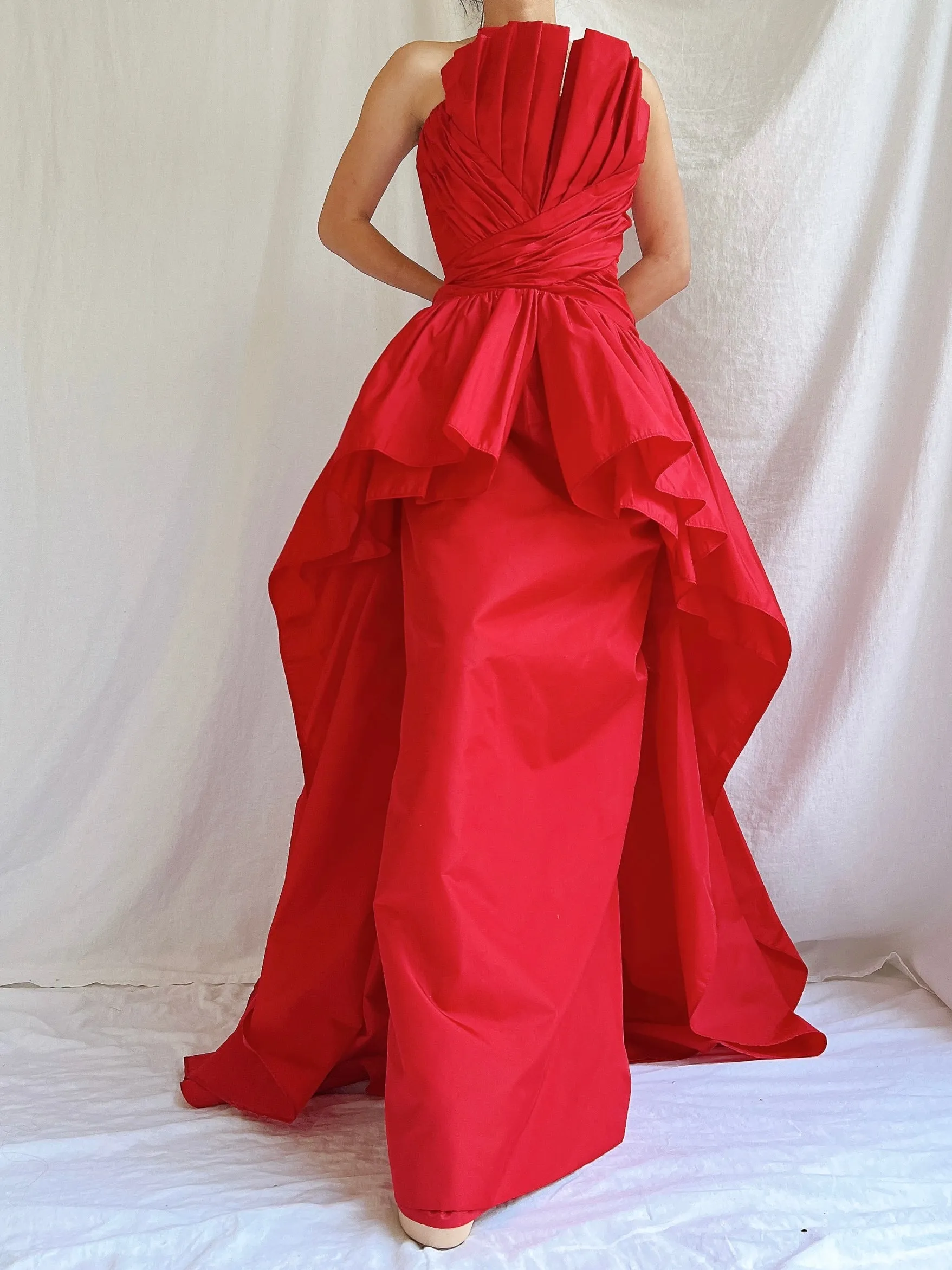 Vintage Victor Costa Rose Red Pleated Column Gown - M