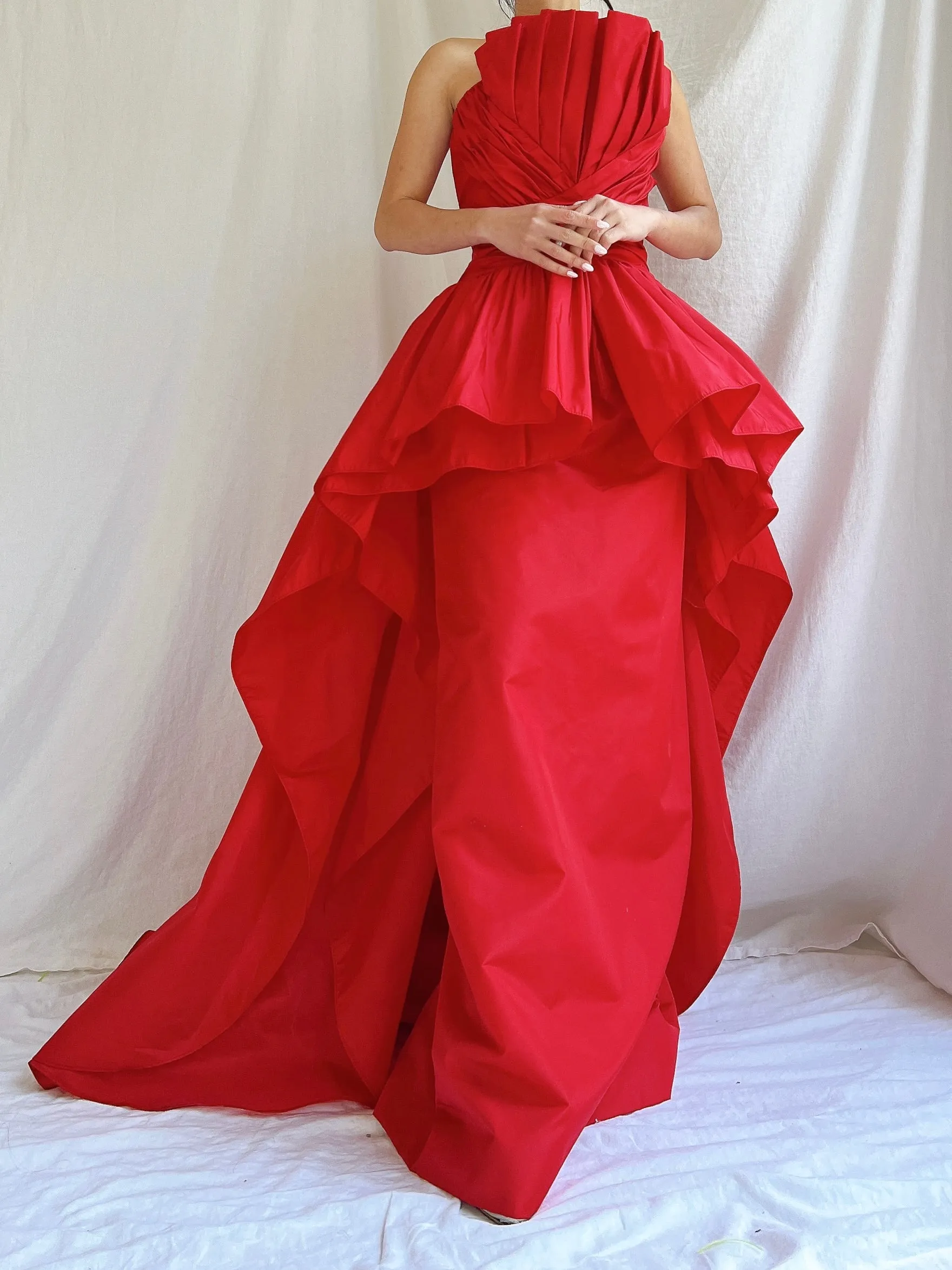 Vintage Victor Costa Rose Red Pleated Column Gown - M