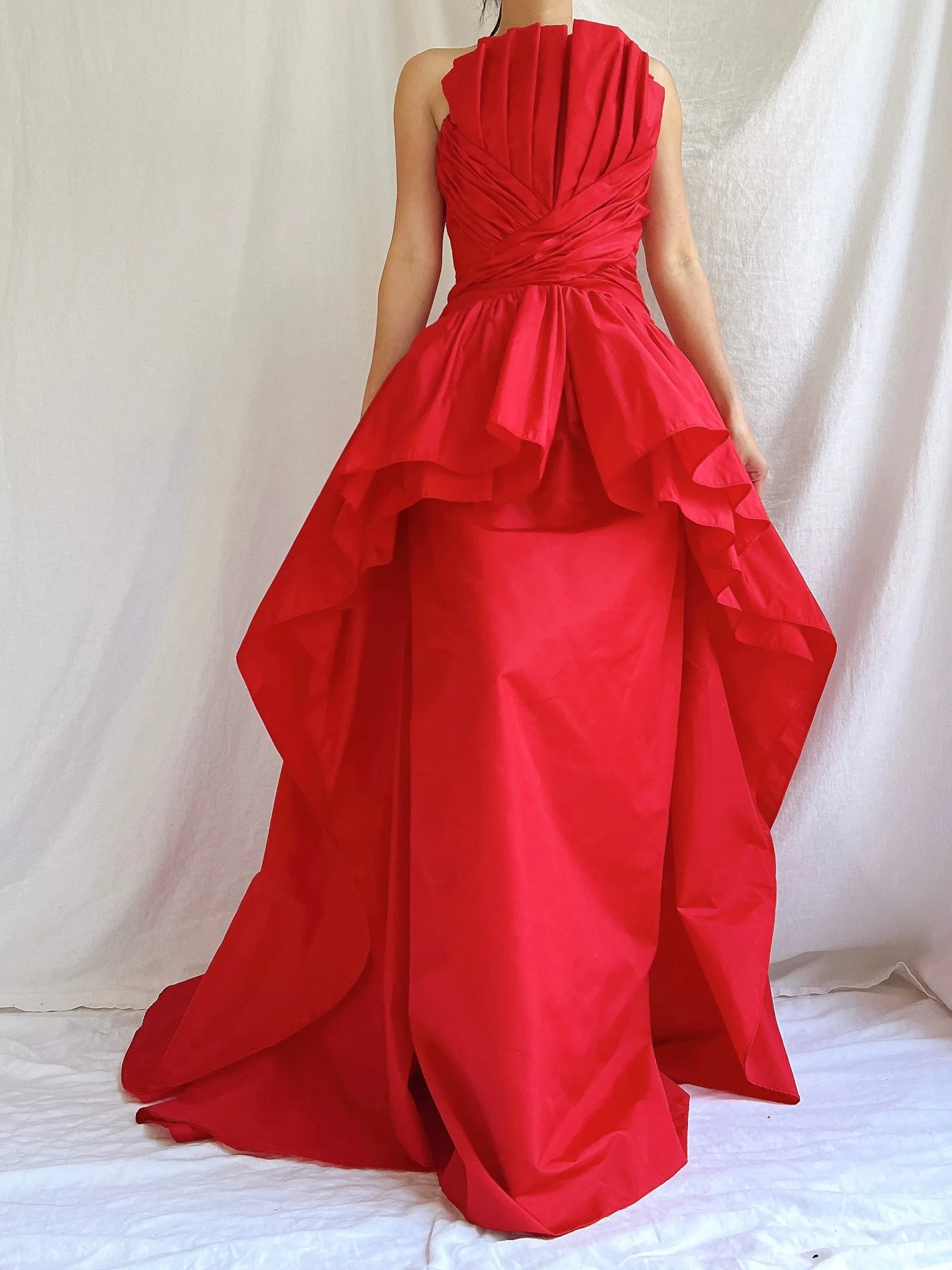 Vintage Victor Costa Rose Red Pleated Column Gown - M