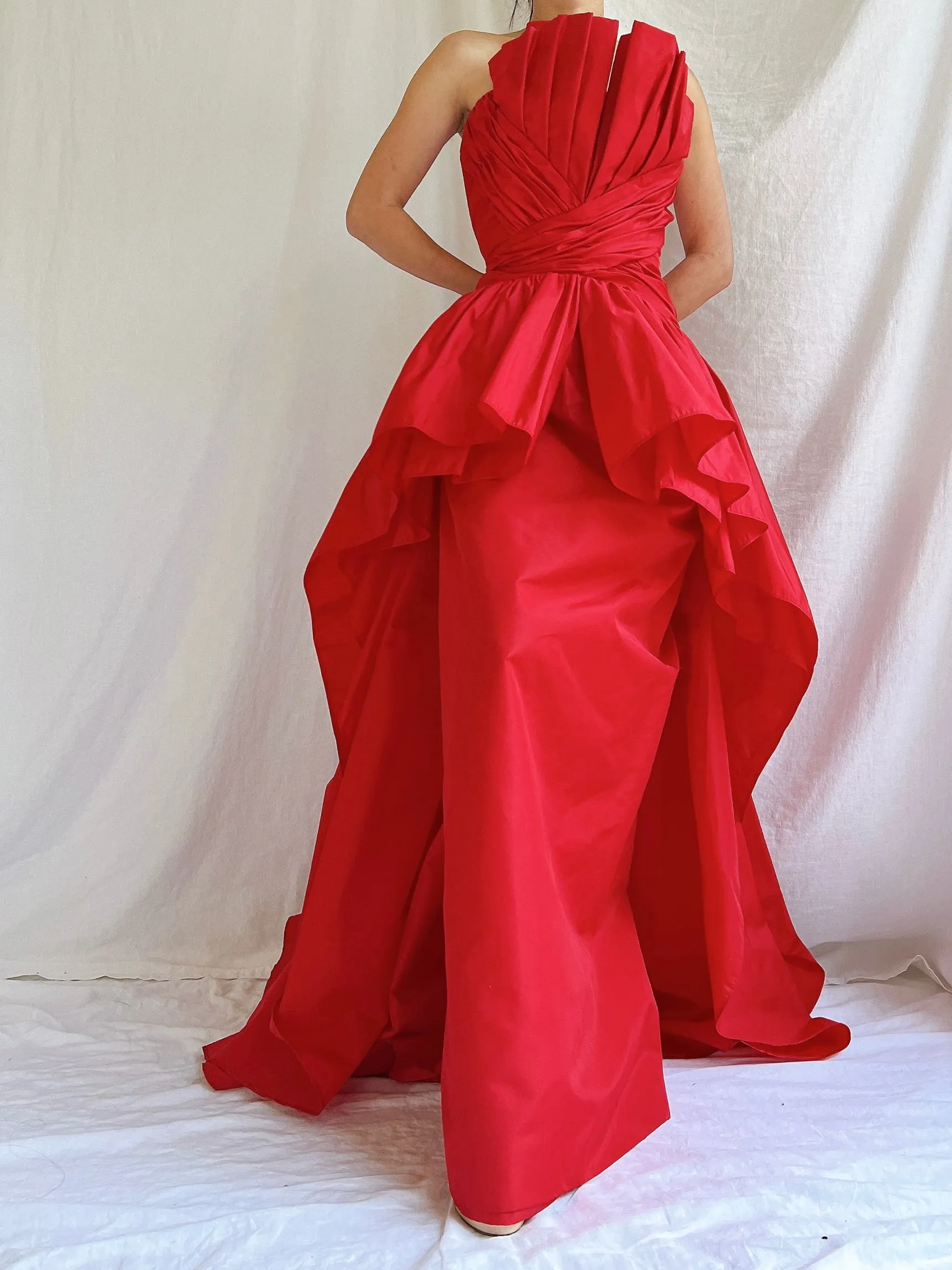Vintage Victor Costa Rose Red Pleated Column Gown - M