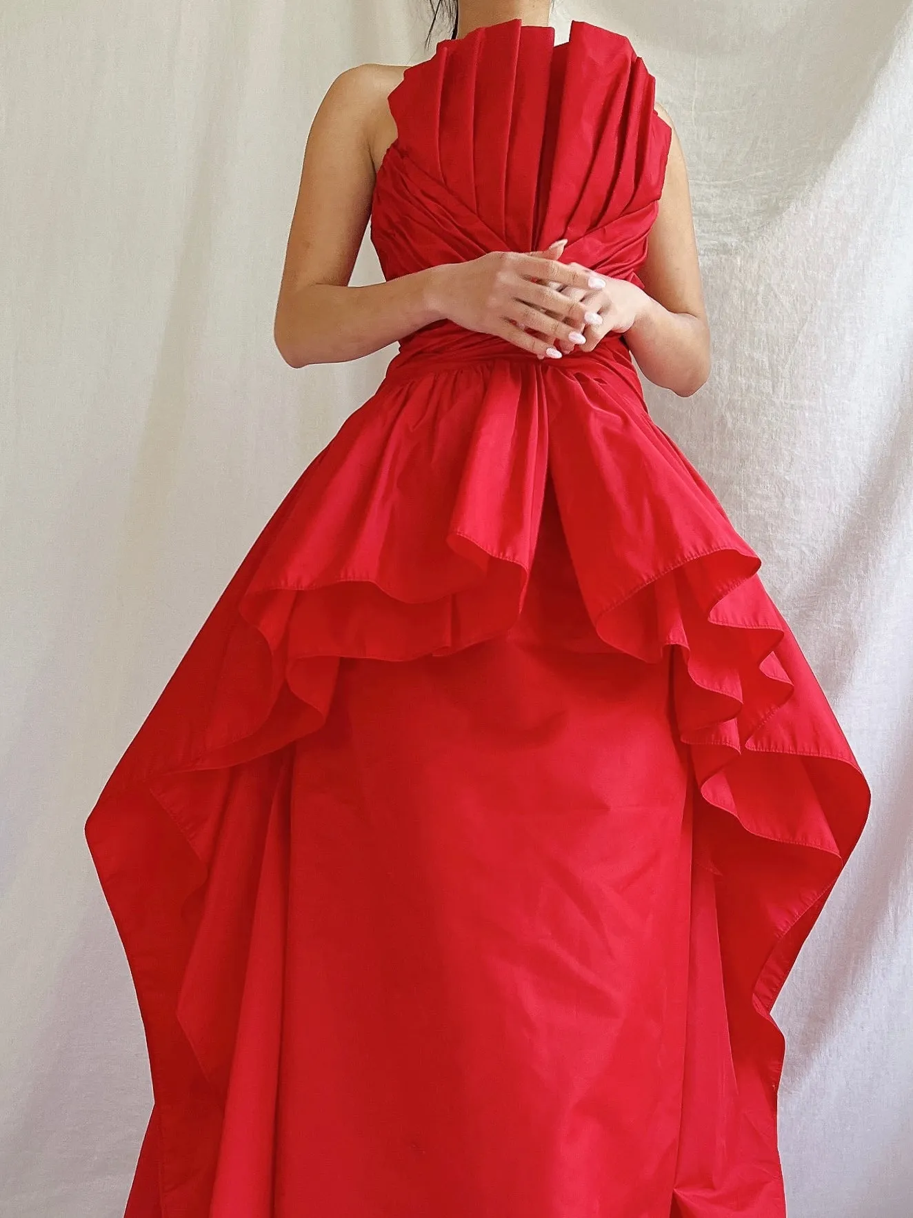 Vintage Victor Costa Rose Red Pleated Column Gown - M