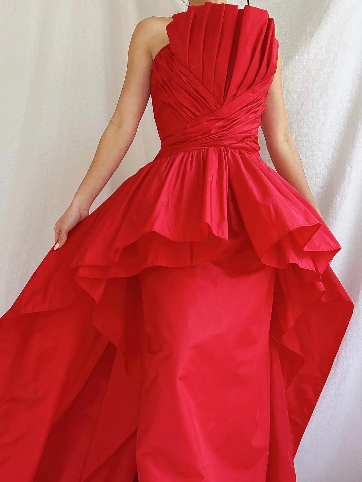 Vintage Victor Costa Rose Red Pleated Column Gown - M