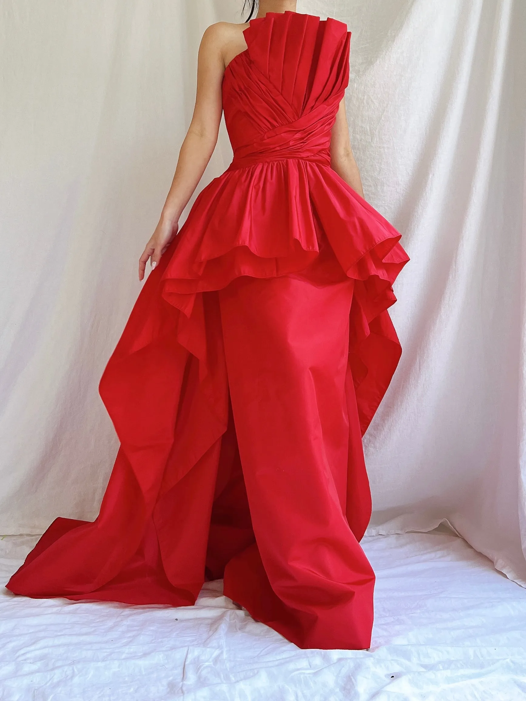 Vintage Victor Costa Rose Red Pleated Column Gown - M