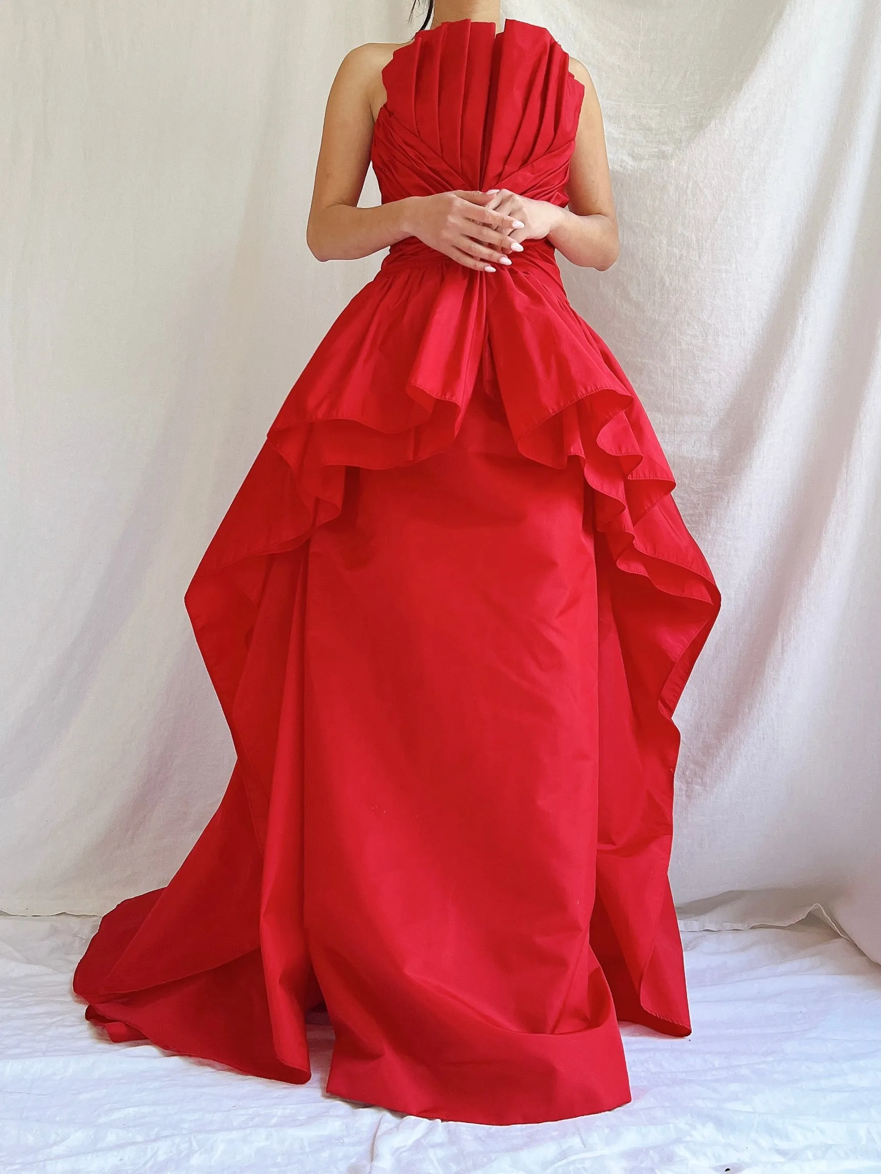 Vintage Victor Costa Rose Red Pleated Column Gown - M