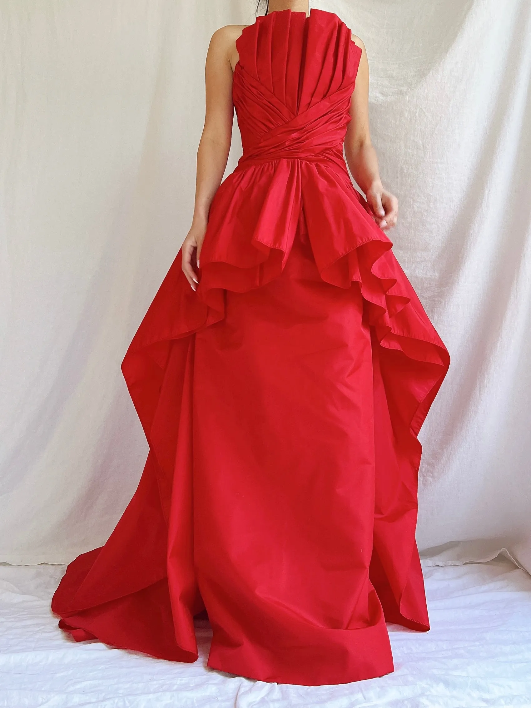 Vintage Victor Costa Rose Red Pleated Column Gown - M