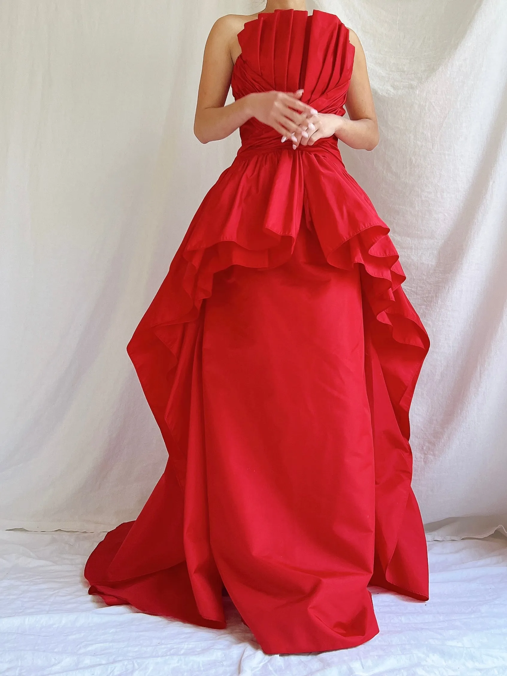 Vintage Victor Costa Rose Red Pleated Column Gown - M