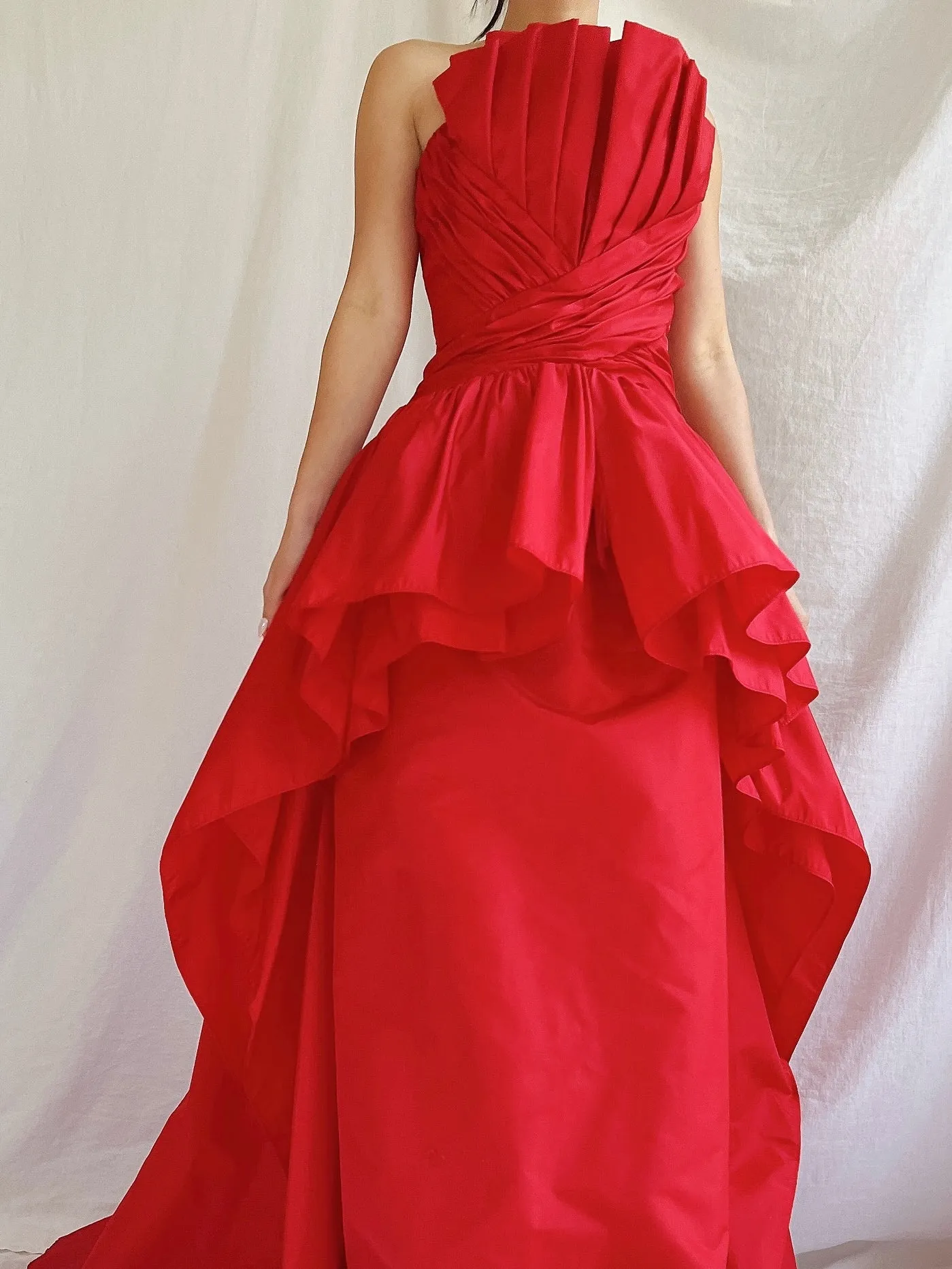 Vintage Victor Costa Rose Red Pleated Column Gown - M